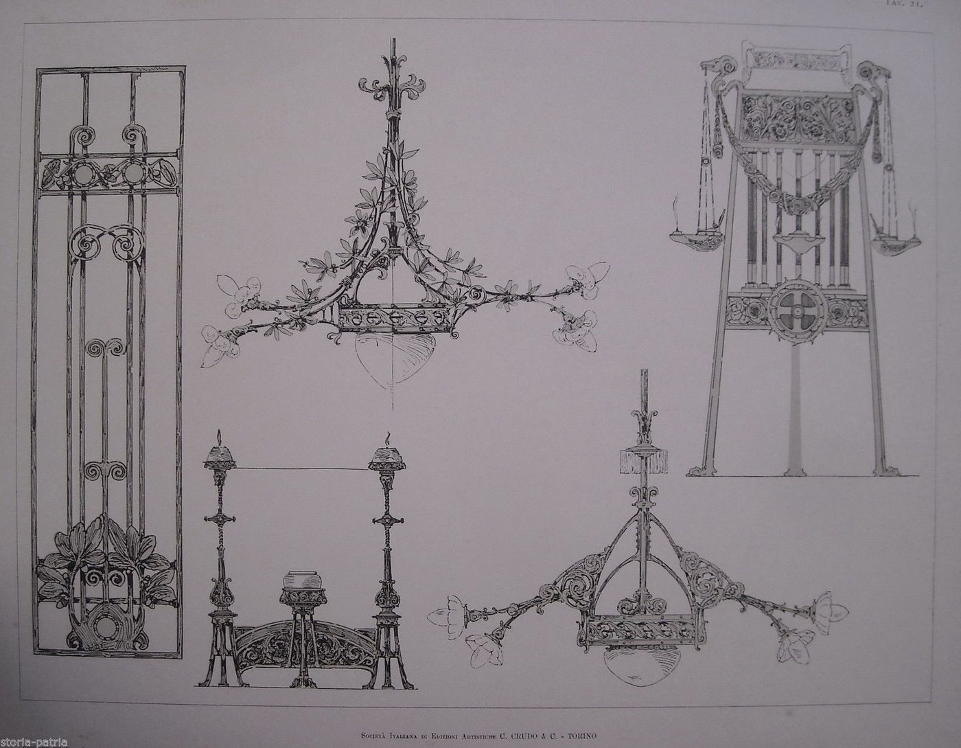 Stampa Antica Lampadari Ferro Battuto Calligaris Torino 1900