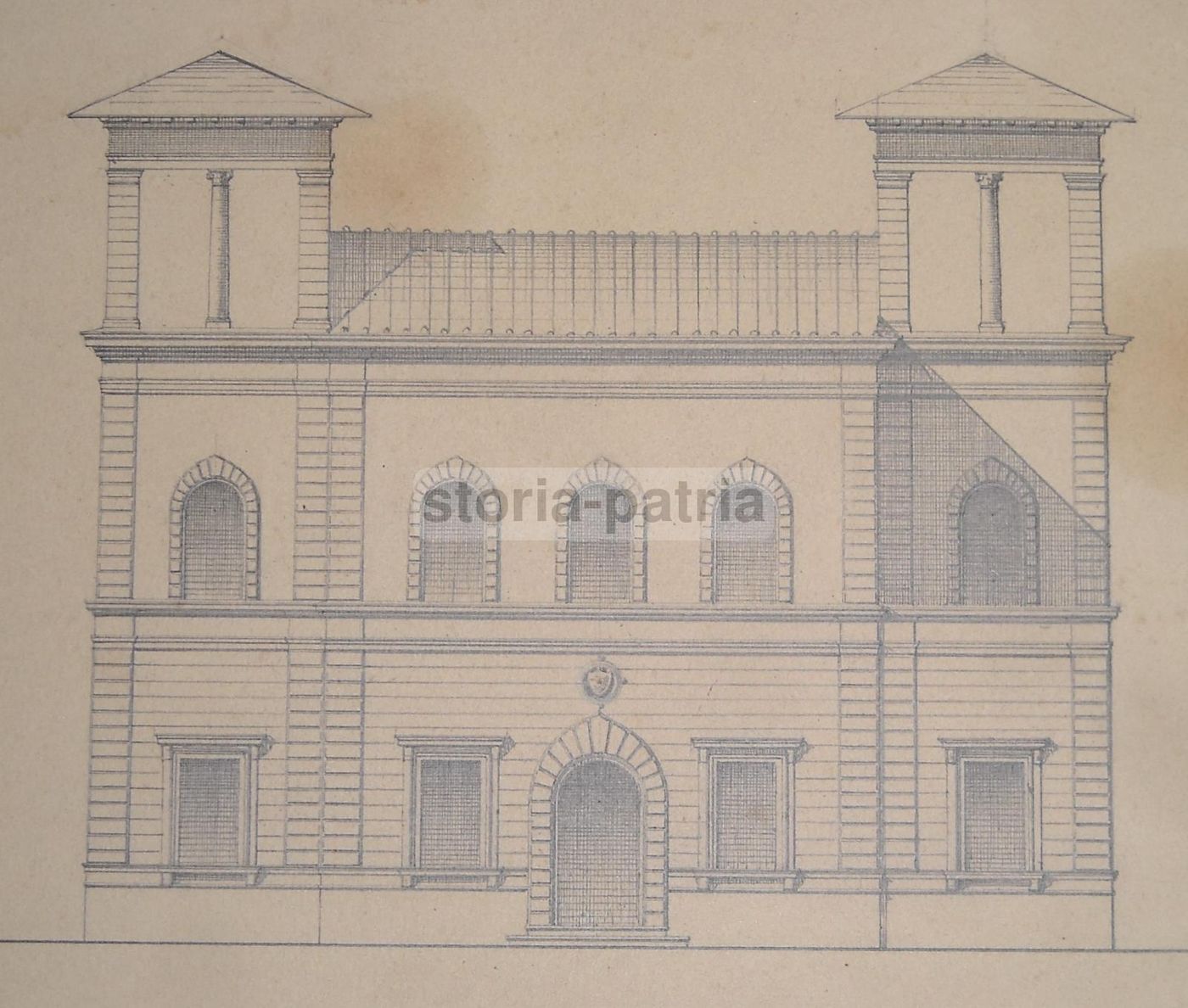 Prospetto Antico Palazzo Con Stemma Araldico, Disegno XIX Secolo