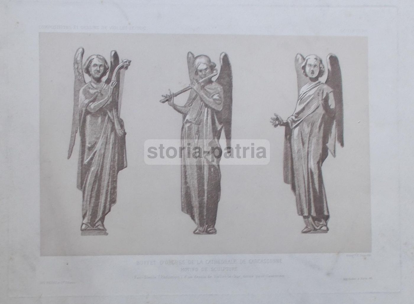 Stampa Cattedrale Carcassonne Viollet Le Duc Angeli Musicanti 1800