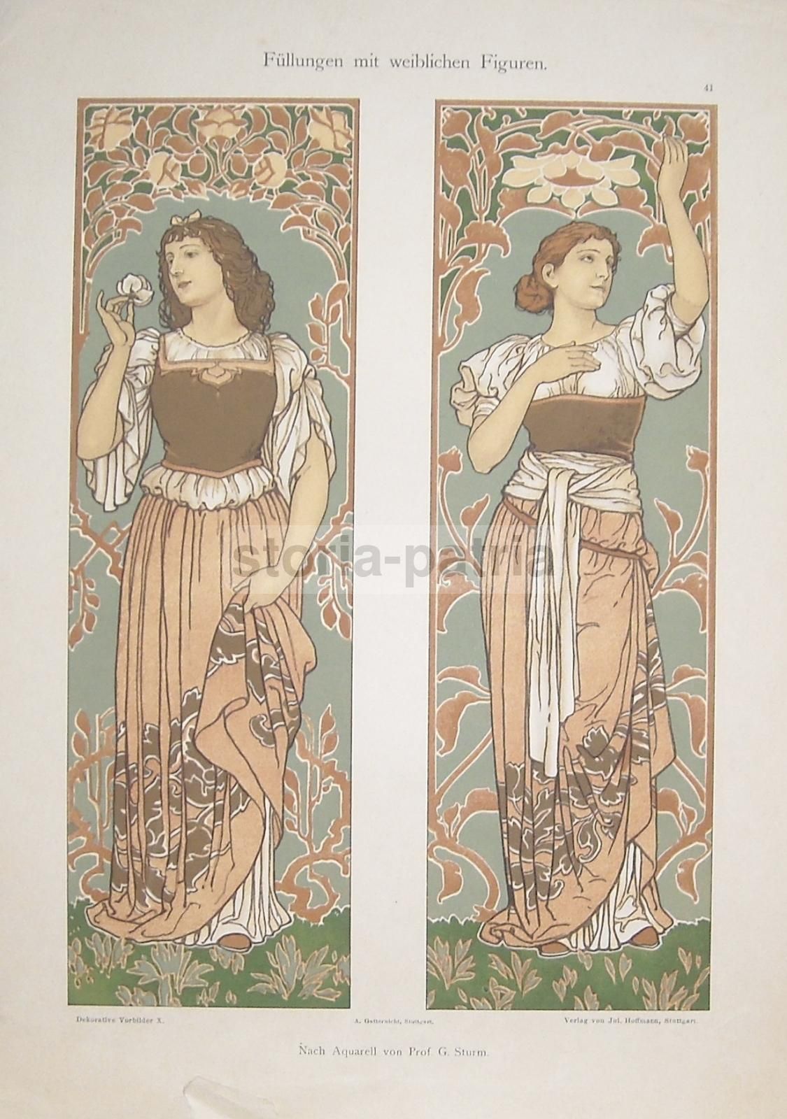 Stampa Liberty Decorazione Floreale Figure Femminili Sturm 1920