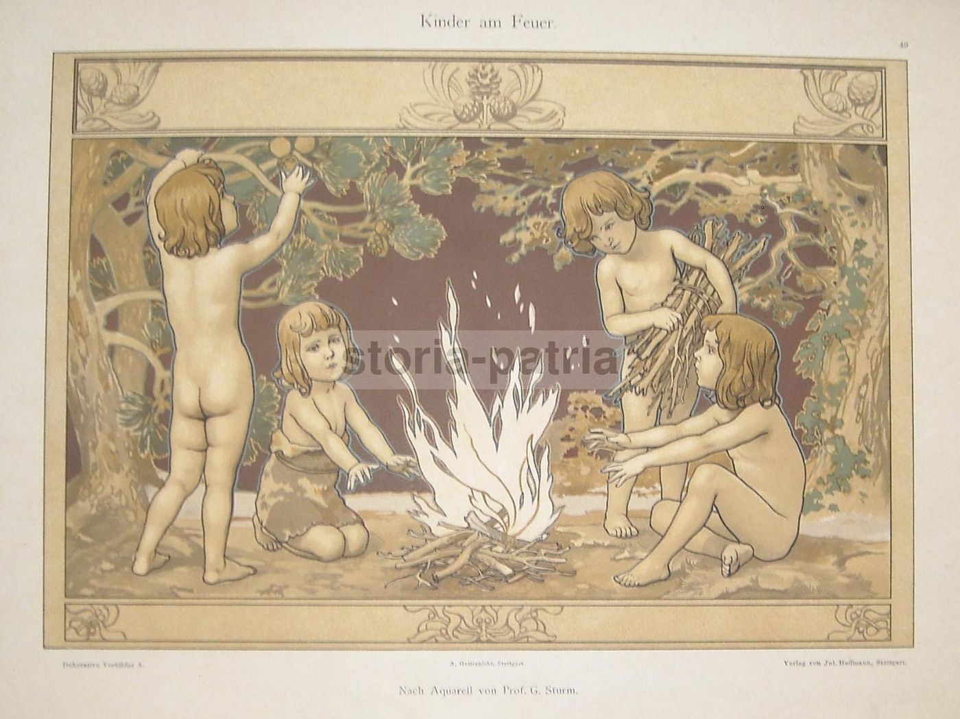 Stampa Liberty Bambini Al Fuoco G. Sturm Cromolitografia 1920