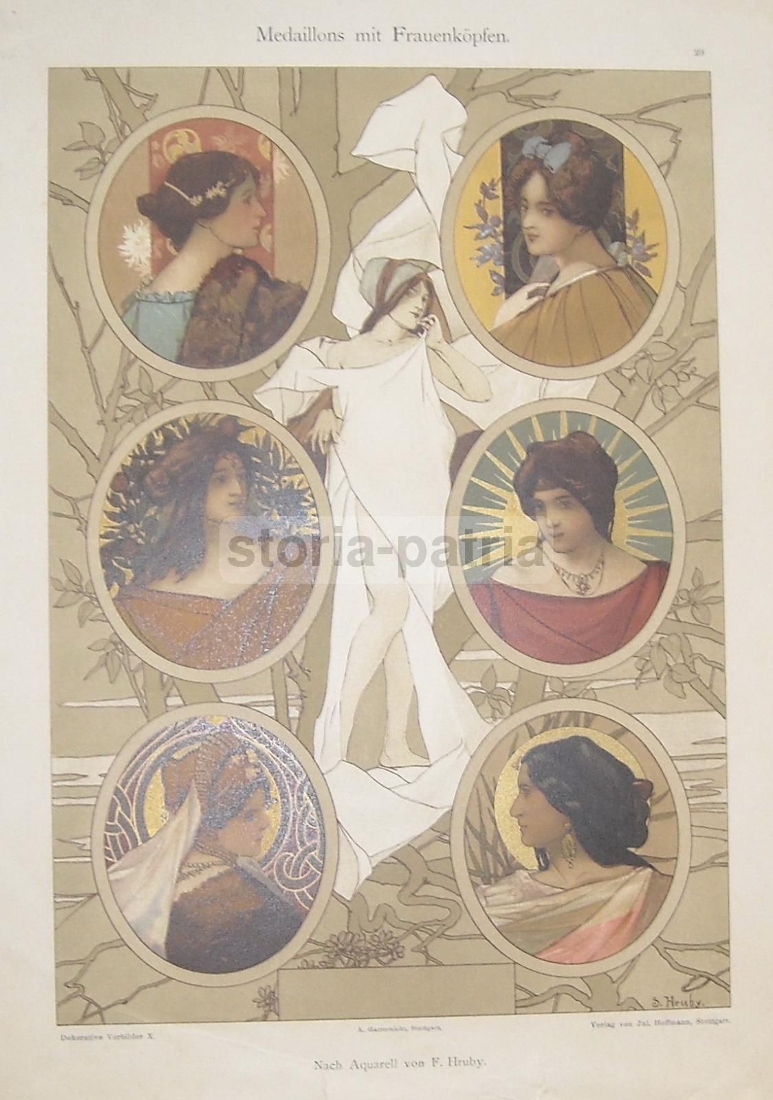 Medaglioni Liberty Con Figure Femminili, F. Hruby, Cromolitografia