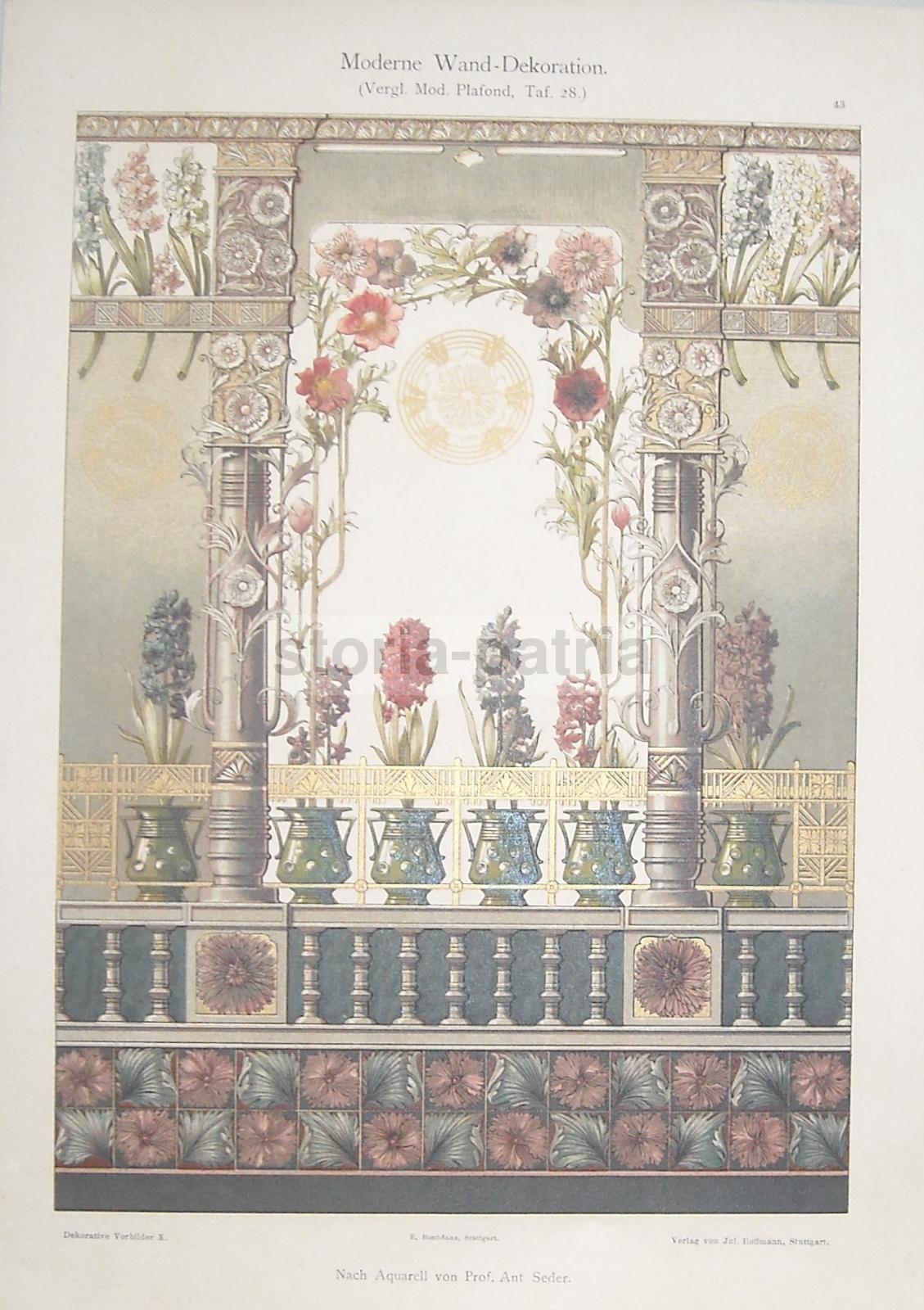 Plafond Liberty Con Decori Floreali Ant. Seder Cromolitografia