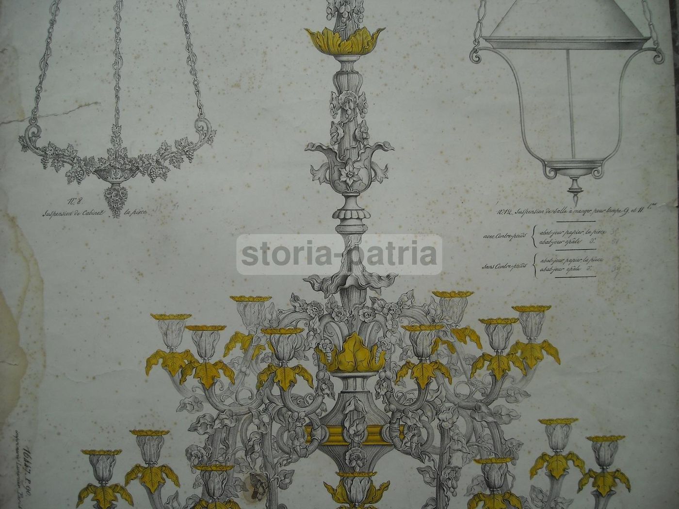 Stampa Litografica Lampadari Jules Paullet Parigi Epoca 1800