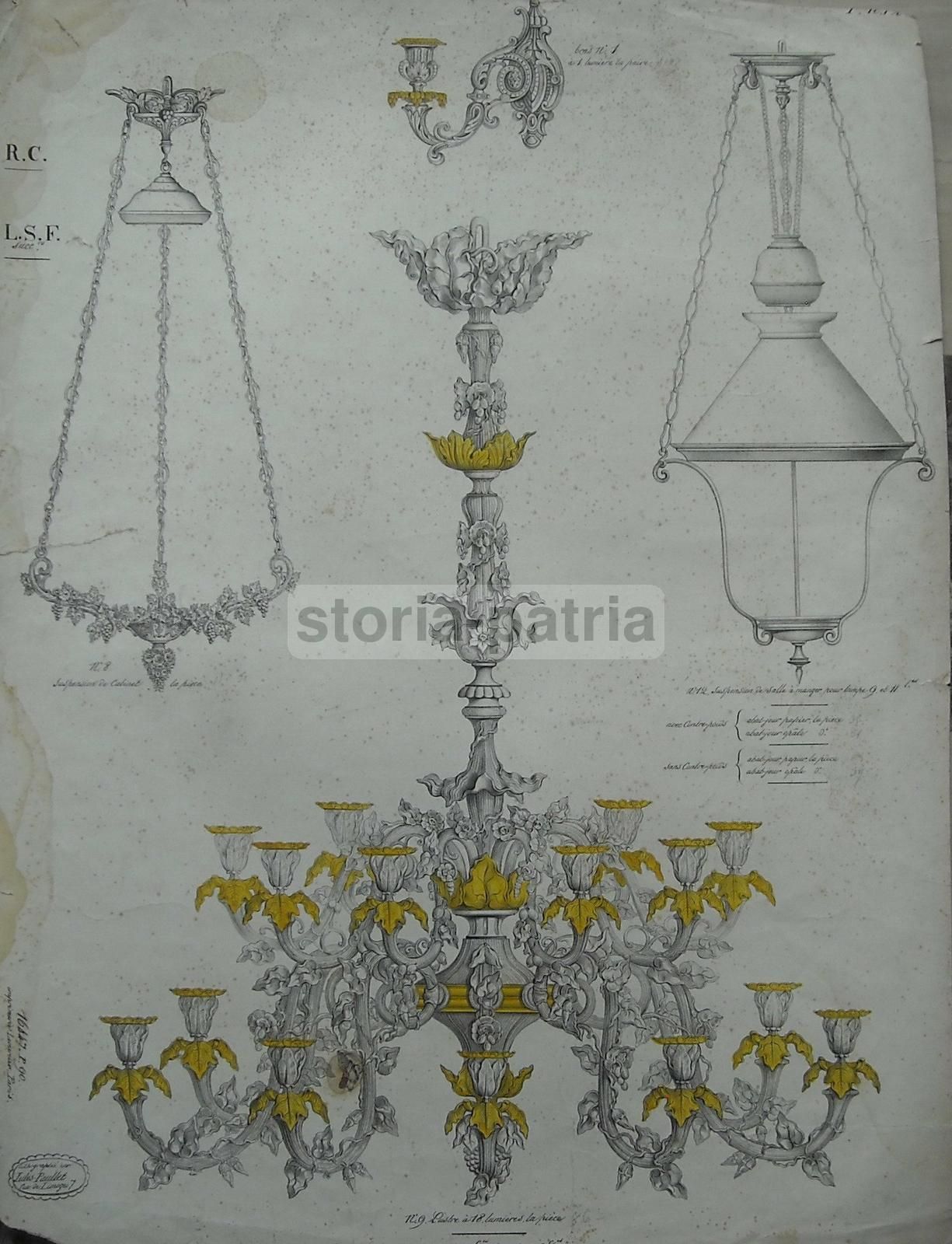 Stampa Litografica Lampadari Jules Paullet Parigi Epoca 1800