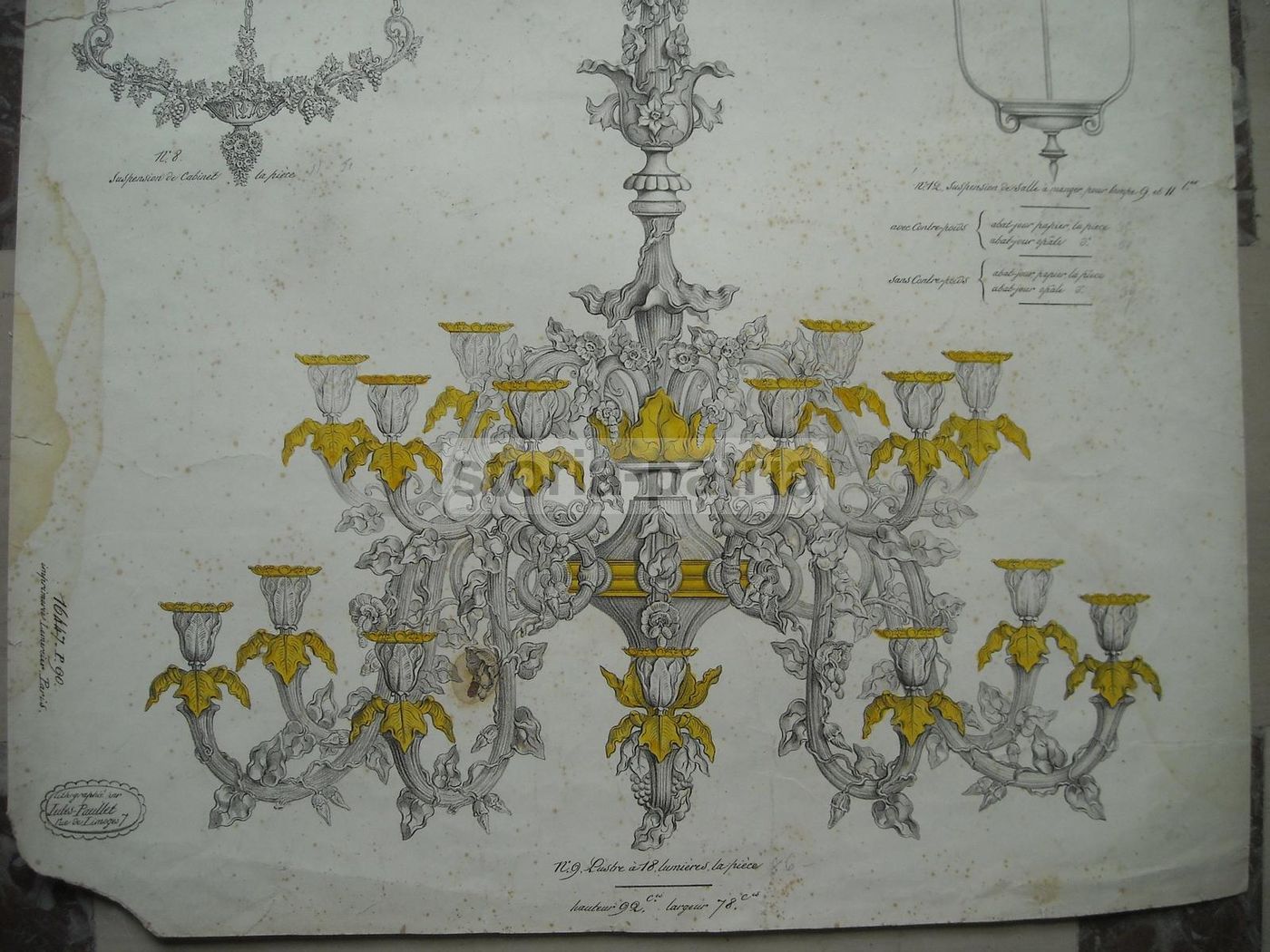 Stampa Litografica Lampadari Jules Paullet Parigi Epoca 1800