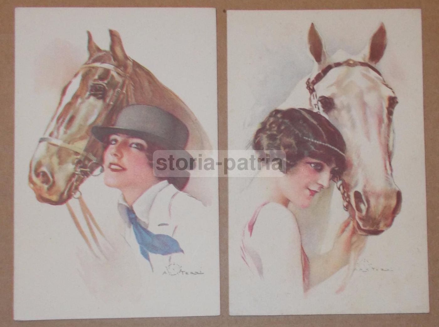 Sei Cartoline Illustrate Da Aleardo Terzi: Donne In Stile Liberty, Cappelli E Cavalli, Primi Del Novecento