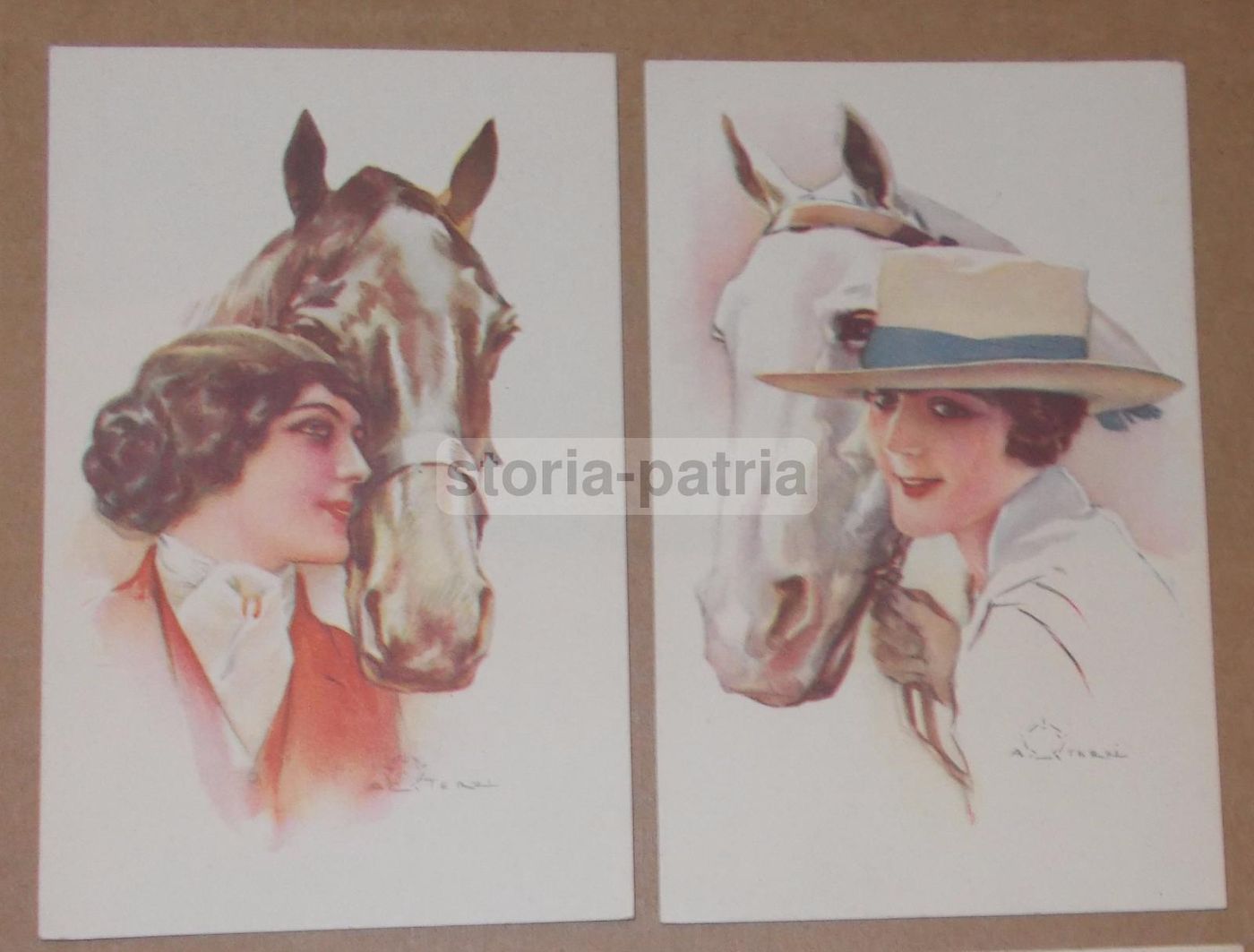 Sei Cartoline Illustrate Da Aleardo Terzi: Donne In Stile Liberty, Cappelli E Cavalli, Primi Del Novecento