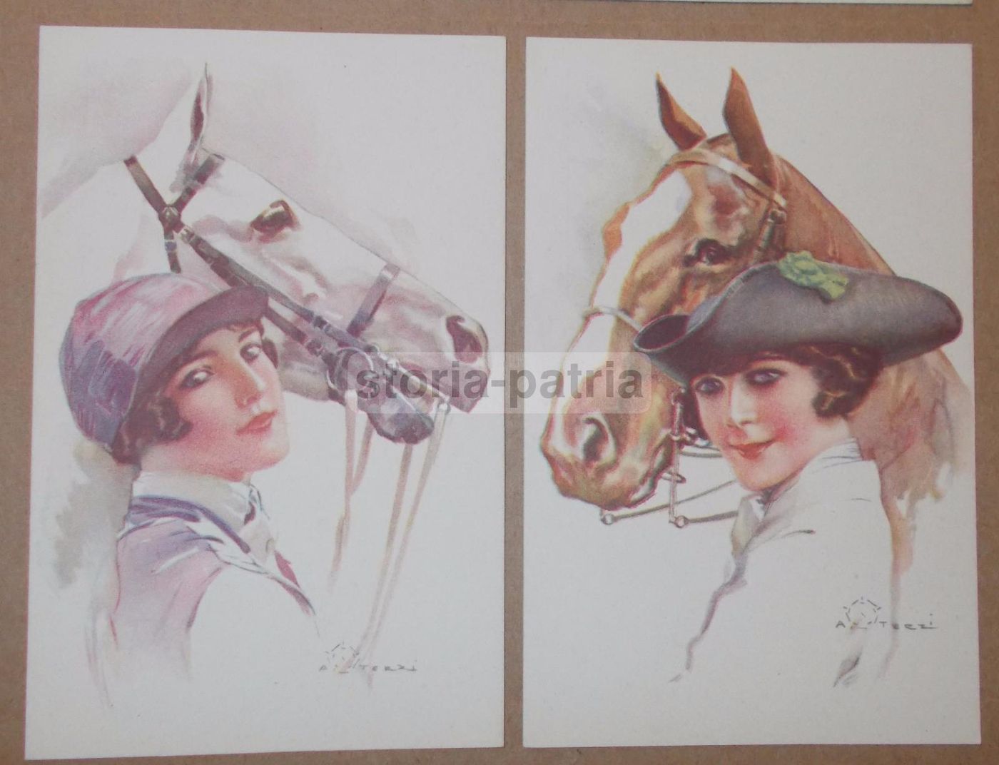 Sei Cartoline Illustrate Da Aleardo Terzi: Donne In Stile Liberty, Cappelli E Cavalli, Primi Del Novecento