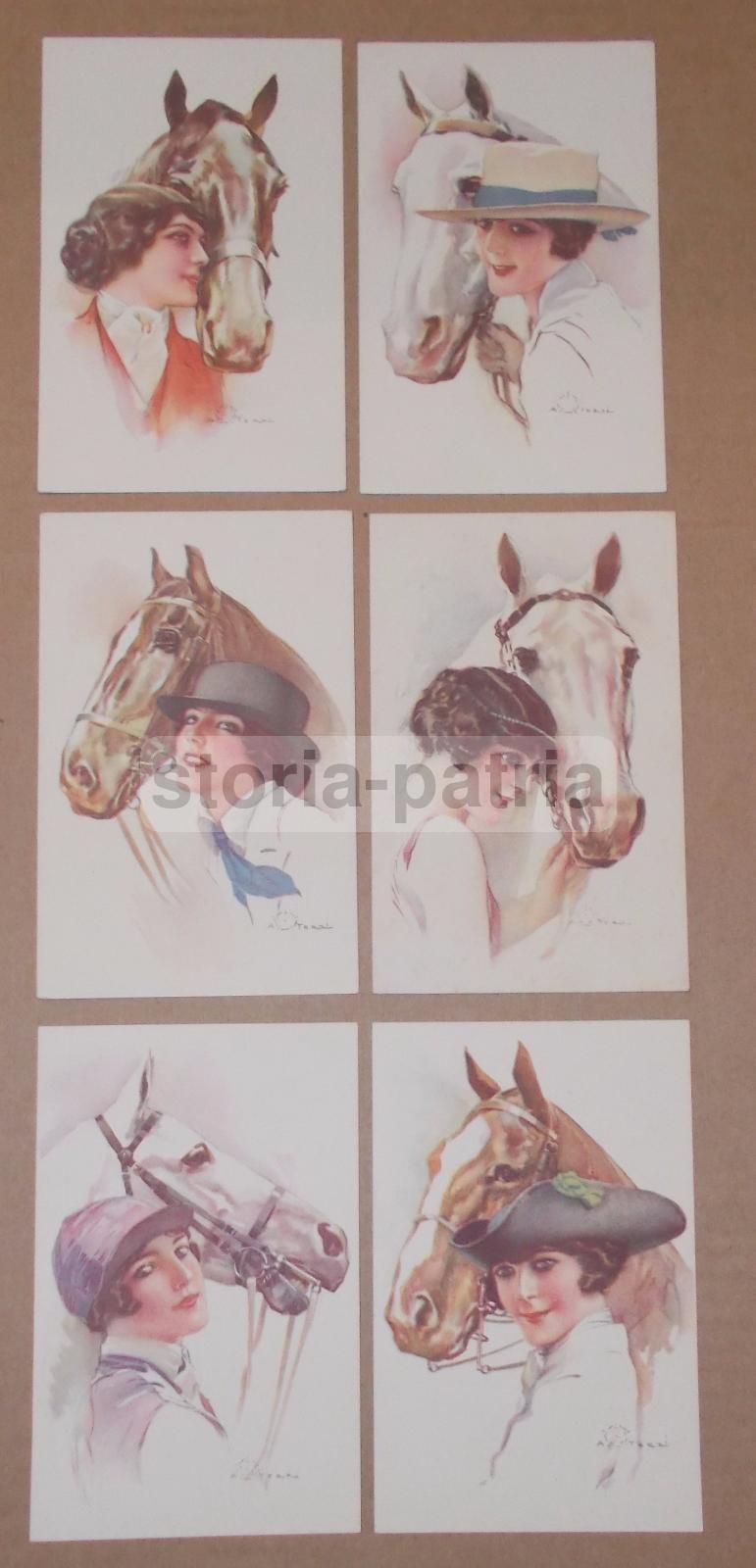 Sei Cartoline Illustrate Da Aleardo Terzi: Donne In Stile Liberty, Cappelli E Cavalli, Primi Del Novecento