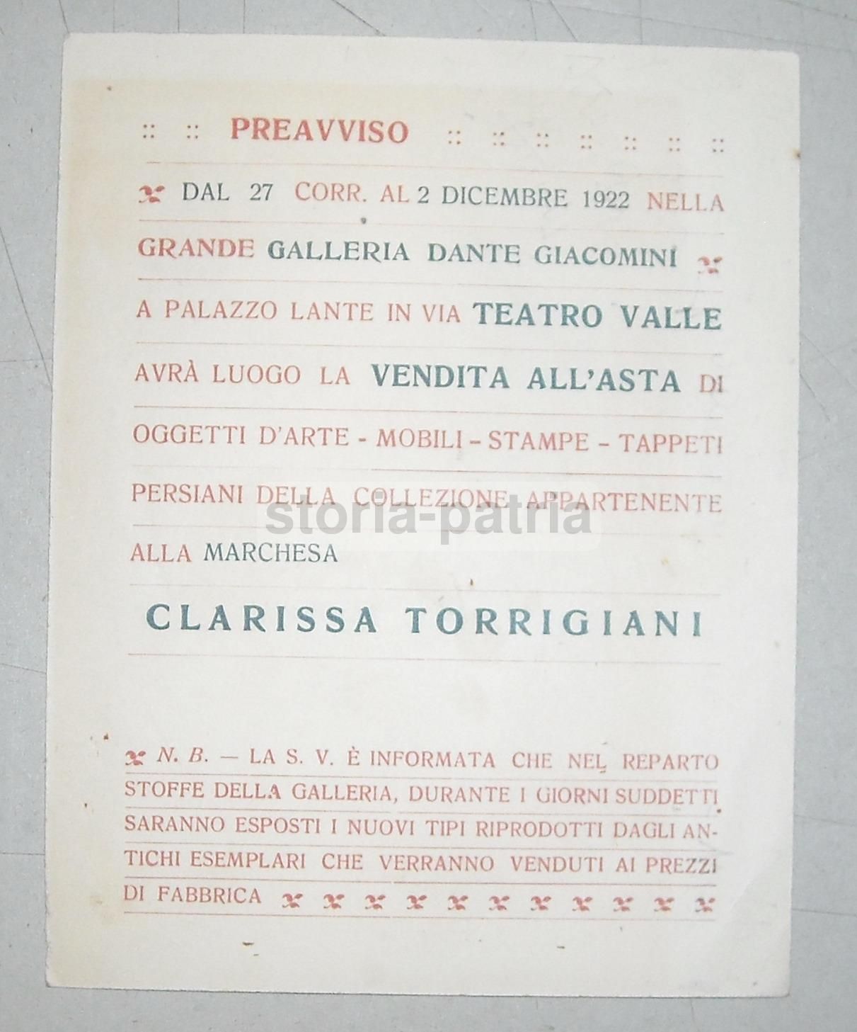 Cartoncino Asta Galleria Giacomini, Palazzo Lante, Torrigiani, 1922