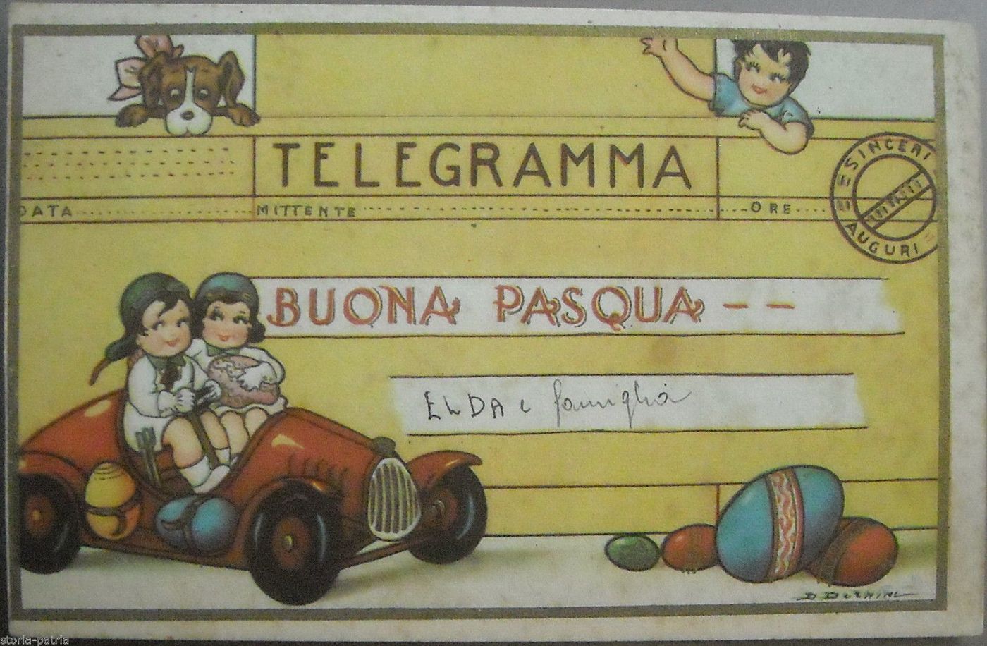 Cartolina Di Pasqua Antica Con Telegramma Illustrato, Bambini E Auto