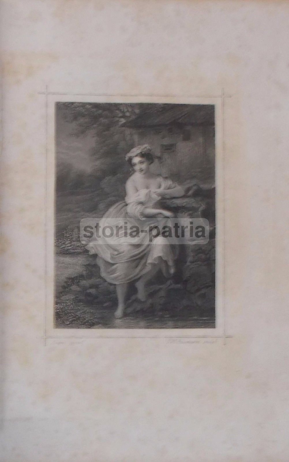 Incisione Antica 1859: Giovane Donna Al Ruscello, Baumann André
