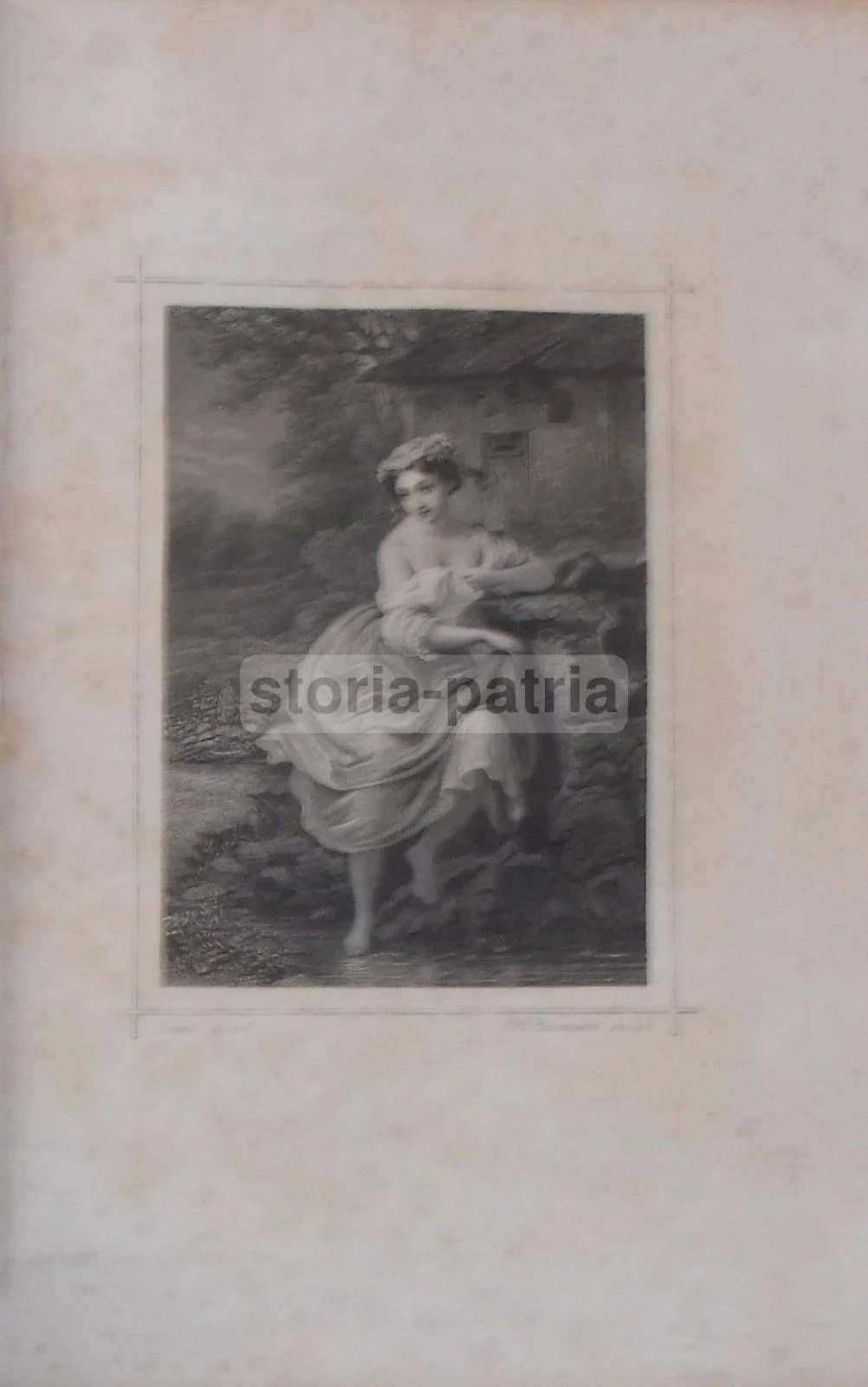 Antique Engraving 1859: Young Woman at the Brook, Baumann André