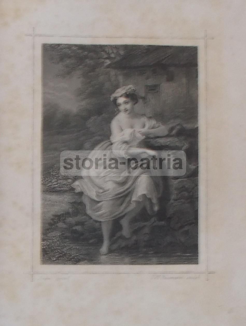 Incisione Antica 1859: Giovane Donna Al Ruscello, Baumann André