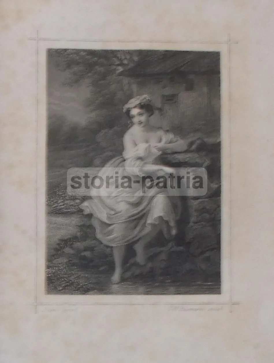 Antique Engraving 1859: Young Woman at the Brook, Baumann André