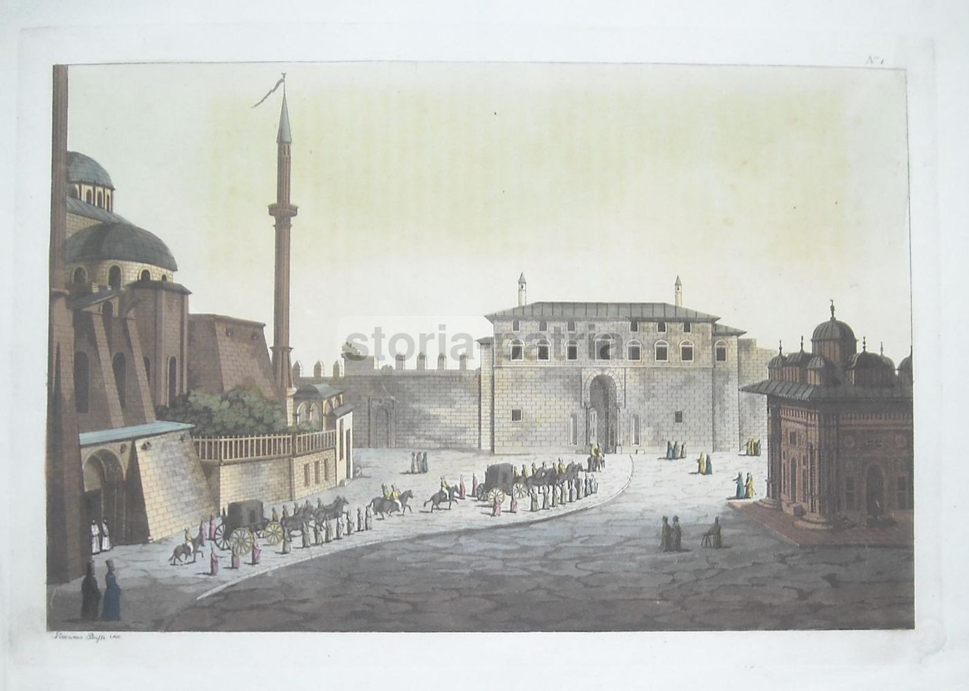Antica Incisione Colorata: Corteo A Istanbul, Giacomo Bussi, 1820 Circa