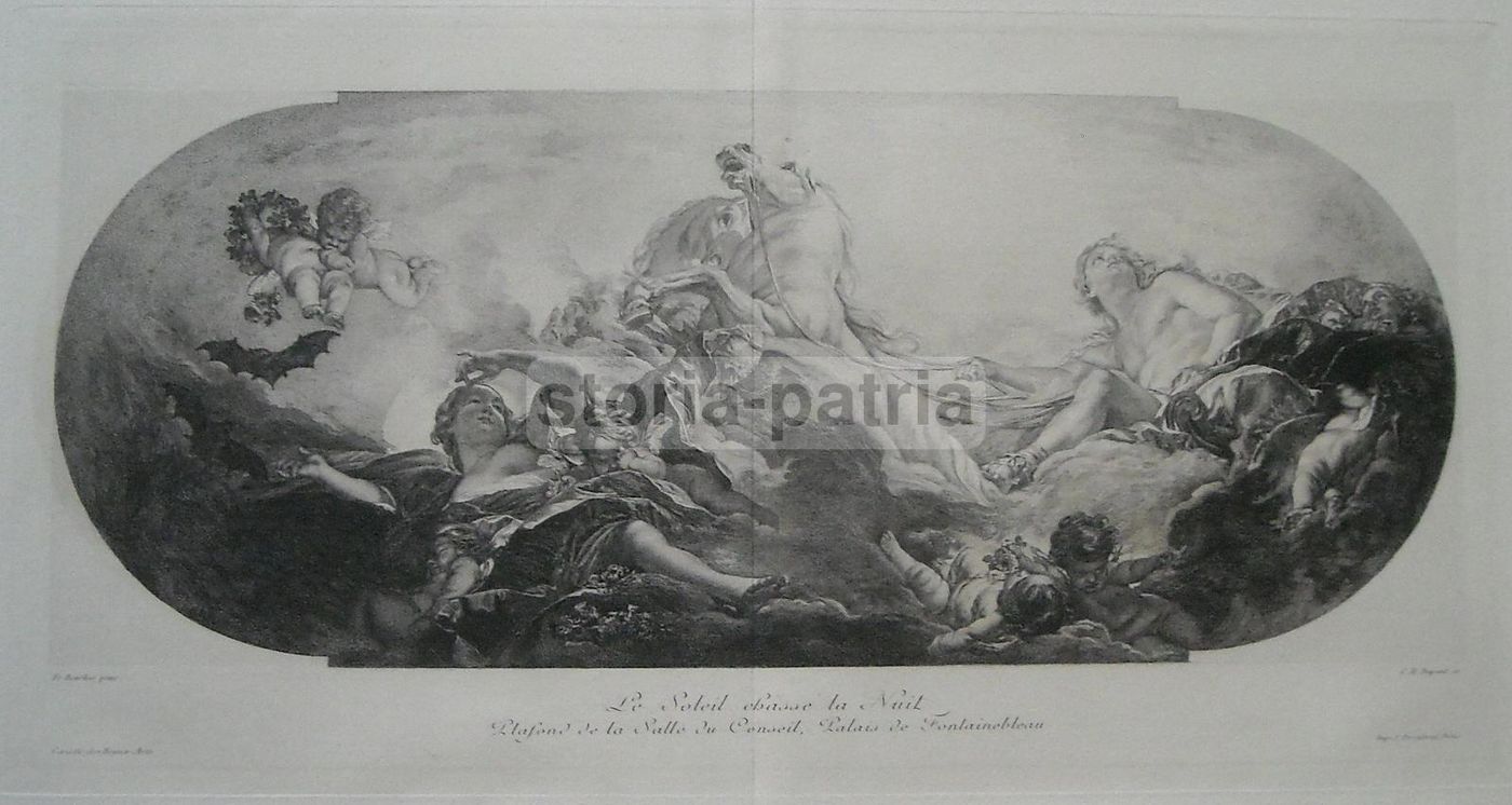 Incisione Antica: Allegoria Della Notte Scacciata Dal Sole (Boucher)