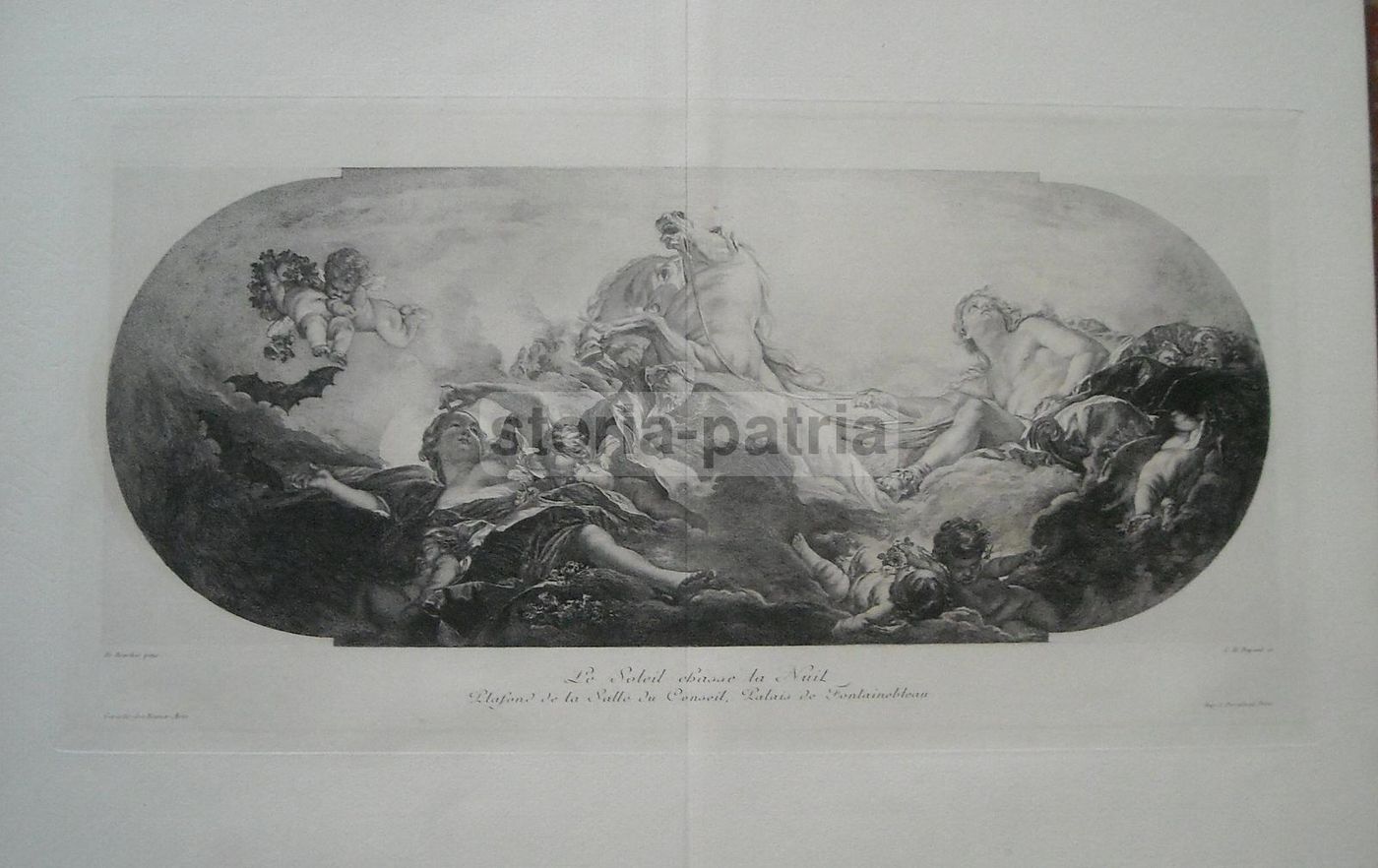 Incisione Antica: Allegoria Della Notte Scacciata Dal Sole (Boucher)
