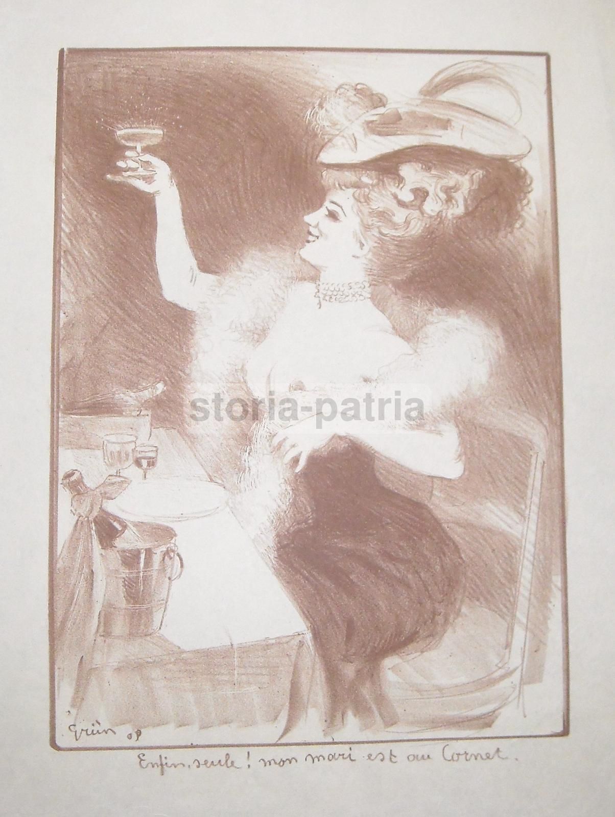 Litografia Antica Grün 1909 Liberty Donnina Champagne Belle Époque