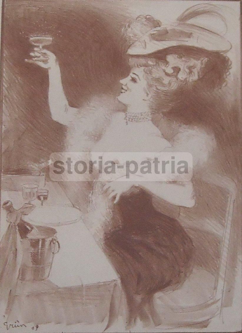 Litografia Antica Grün 1909 Liberty Donnina Champagne Belle Époque