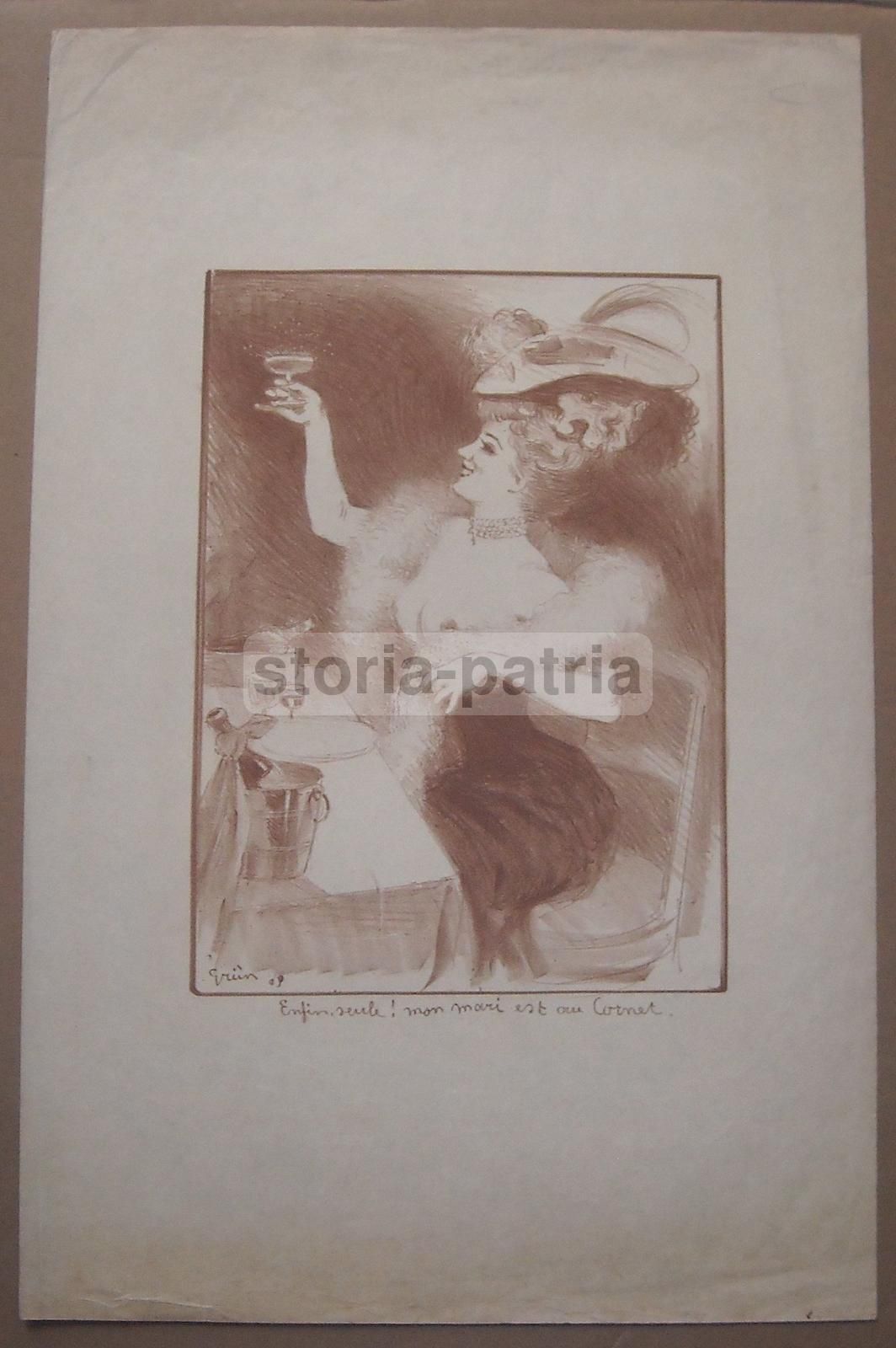 Litografia Antica Grün 1909 Liberty Donnina Champagne Belle Époque