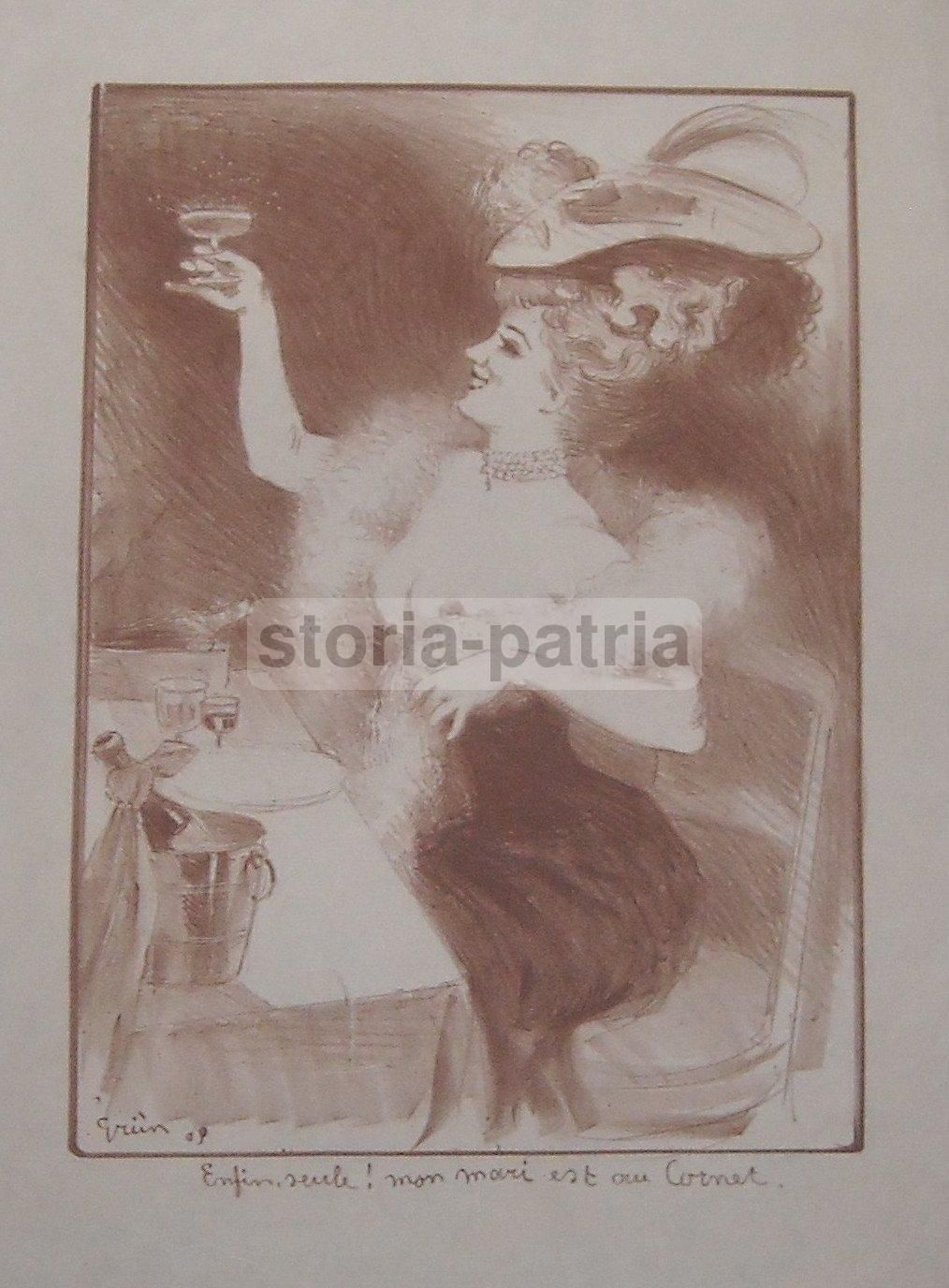 Litografia Antica Grün 1909 Liberty Donnina Champagne Belle Époque