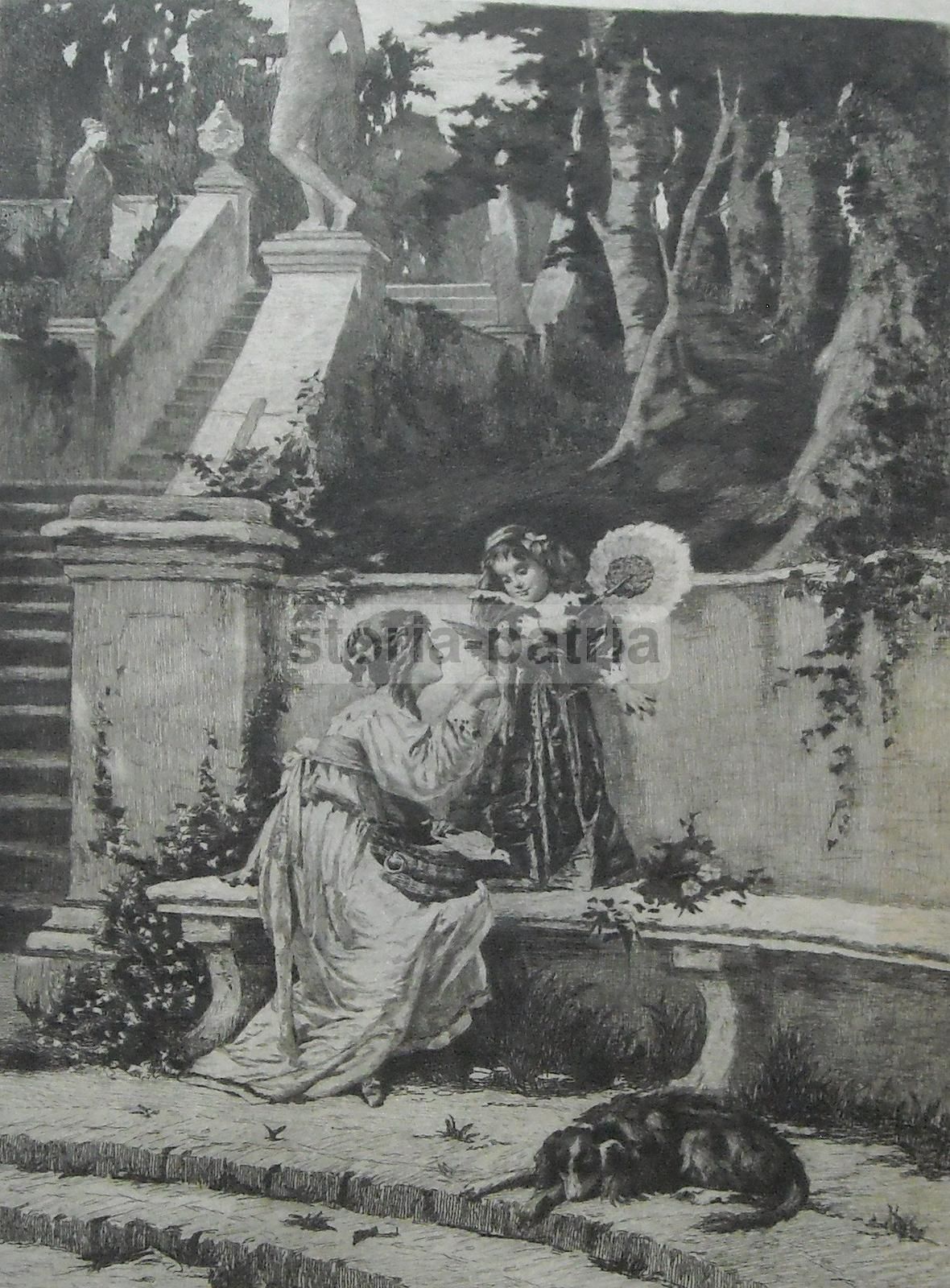 Antica Incisione Su Pergamena Della Fine Dell'800: Scena In Un Parco (Le Sueur)