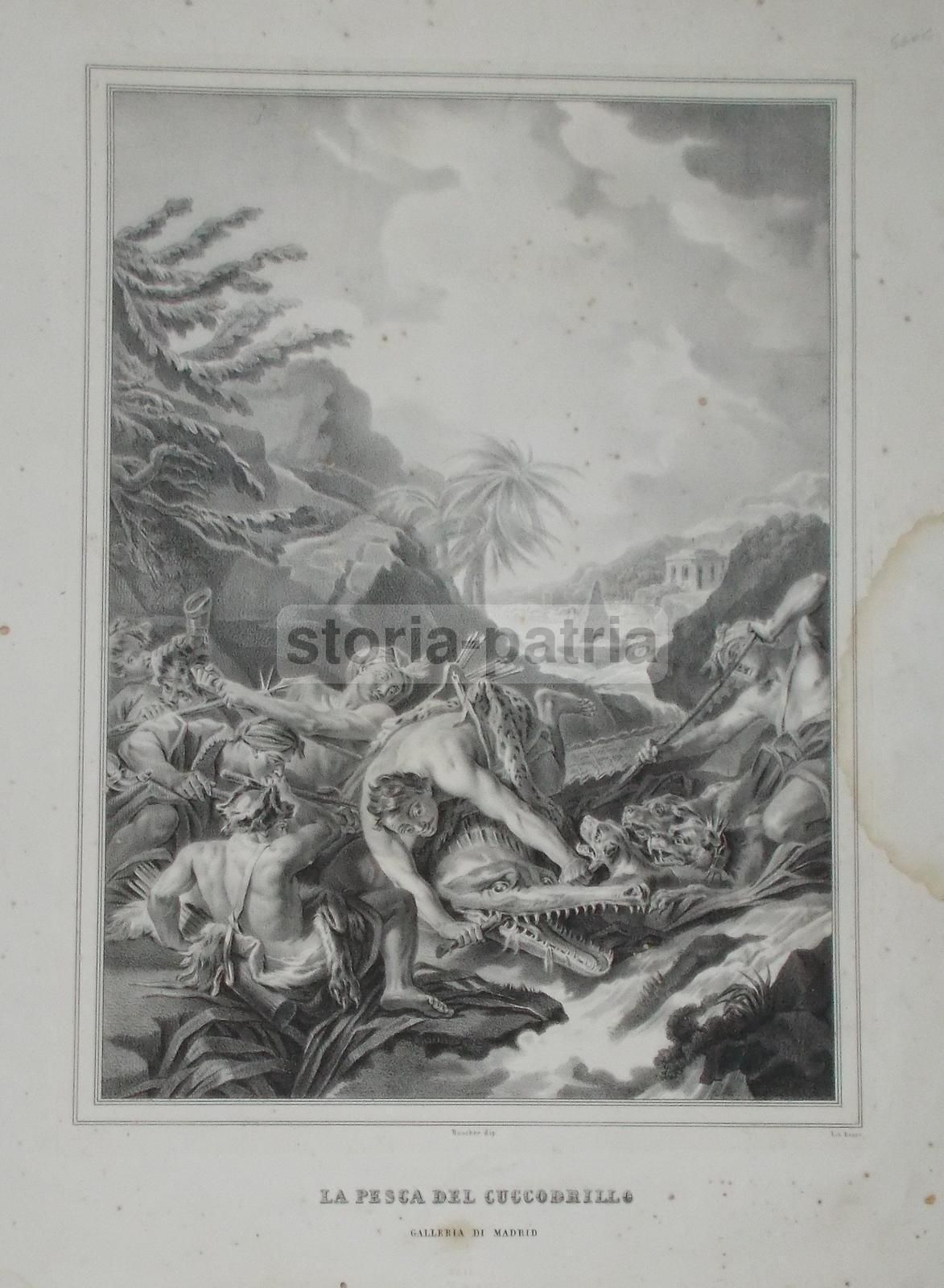 Litografia Di Boucher: Caccia Al Coccodrillo, Antonio Zezon, Napoli, XIX Secolo