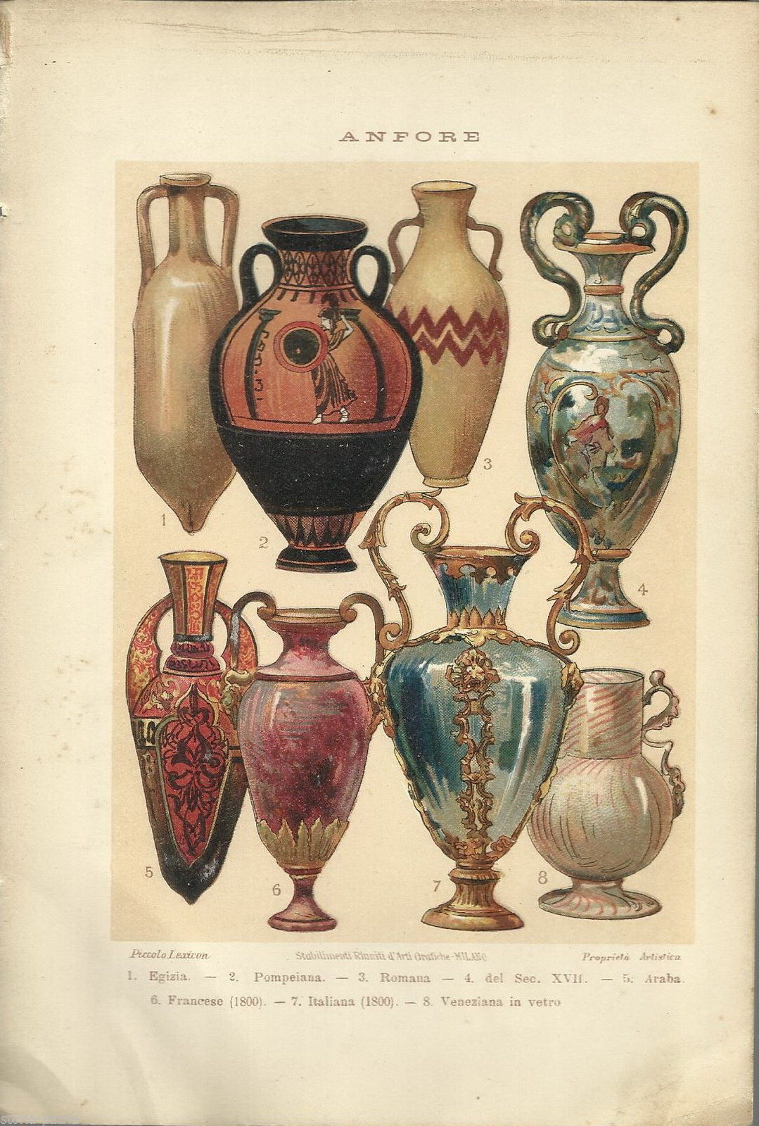Stampa Antica Anfore Egizie, Romane, Pompeiane, Arabe E Veneziane, 1920