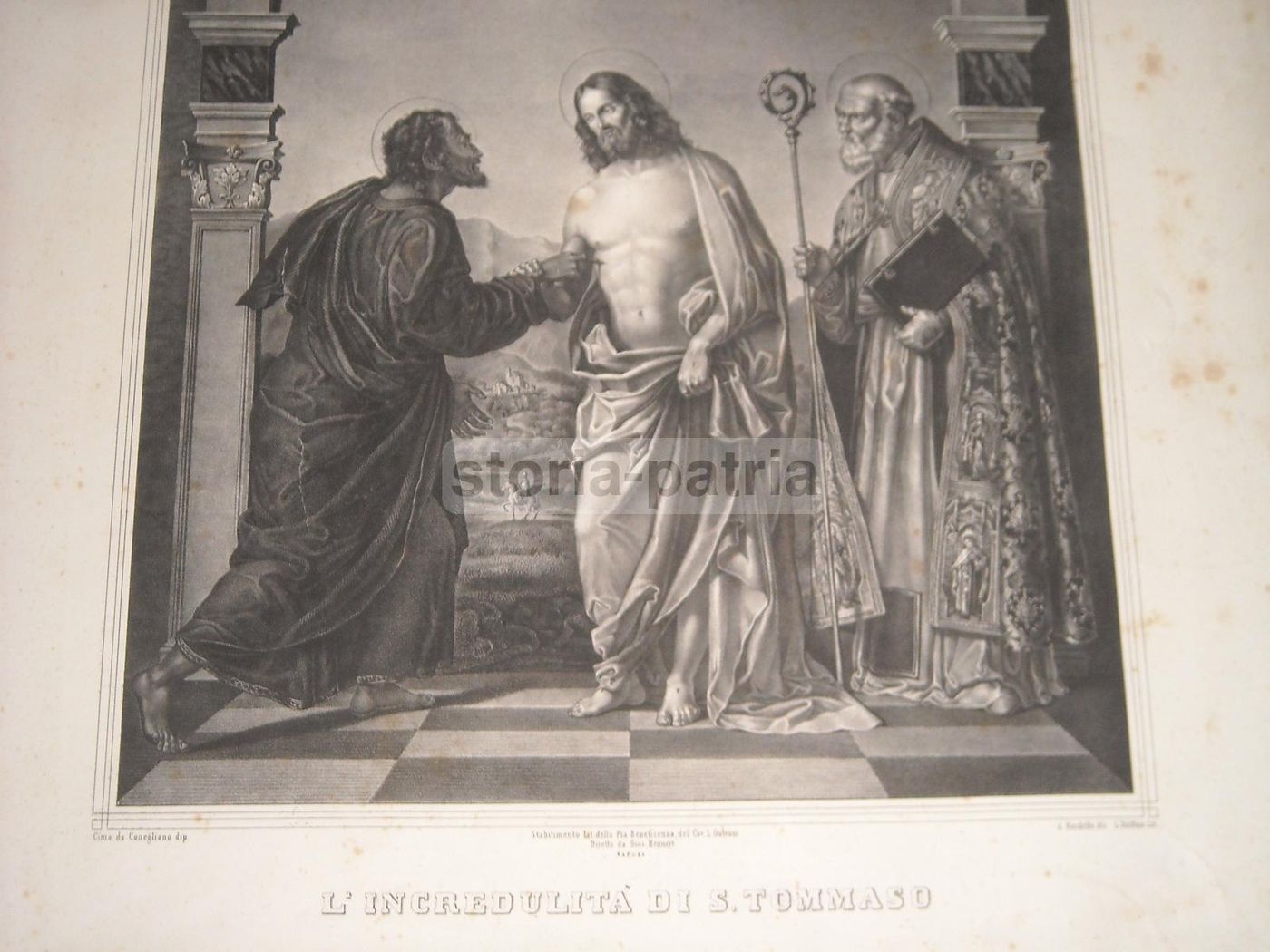Incredulità Di San Tommaso (da Cima Da Conegliano)   Litografia Napoletana Del XIX Secolo