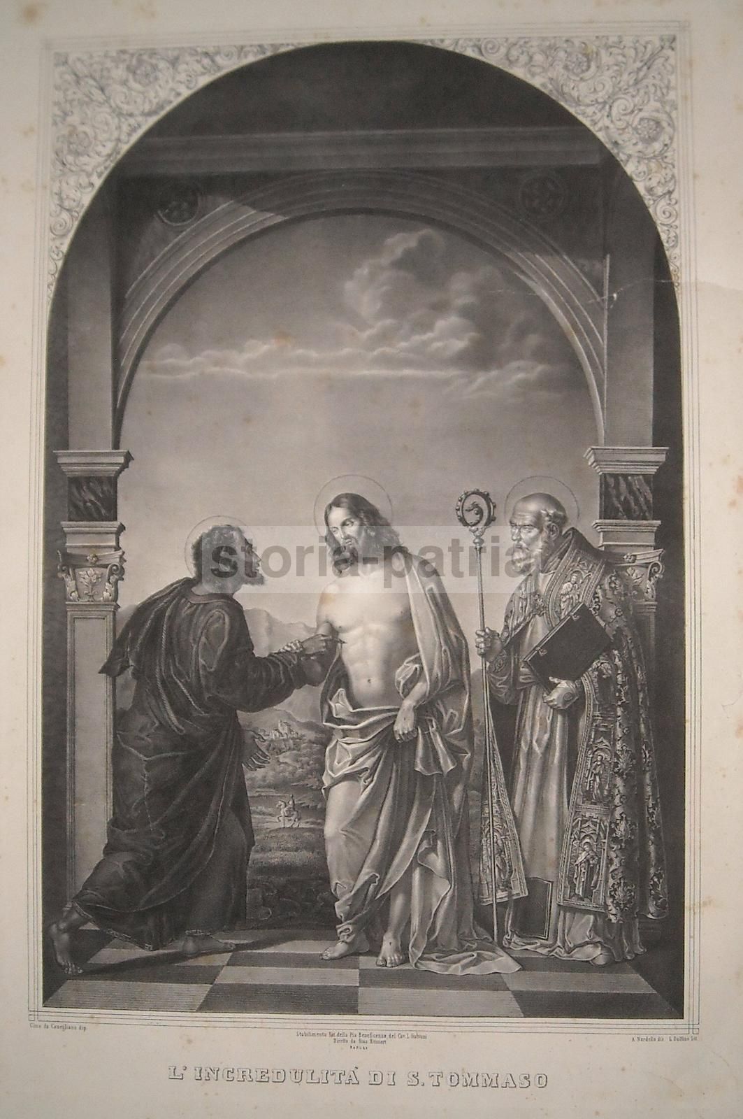 Incredulità Di San Tommaso (da Cima Da Conegliano)   Litografia Napoletana Del XIX Secolo