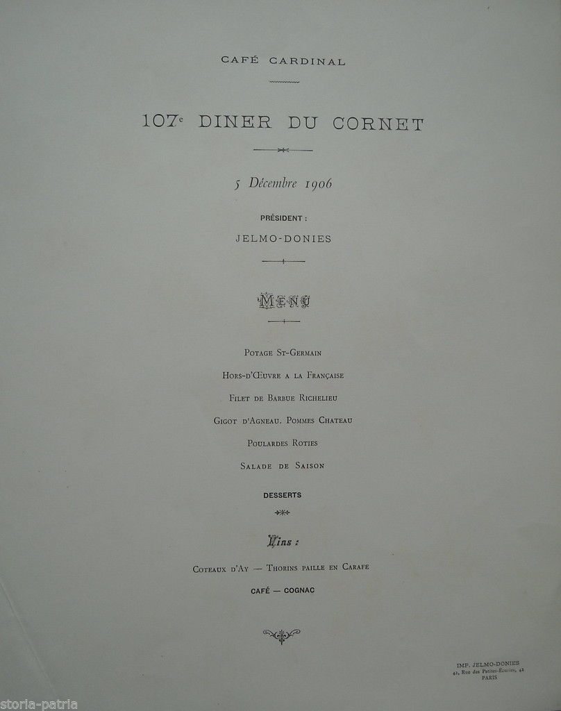 Menù Antico Café Cardinal 1906 Cornet Illustrato Beauduin Parigi
