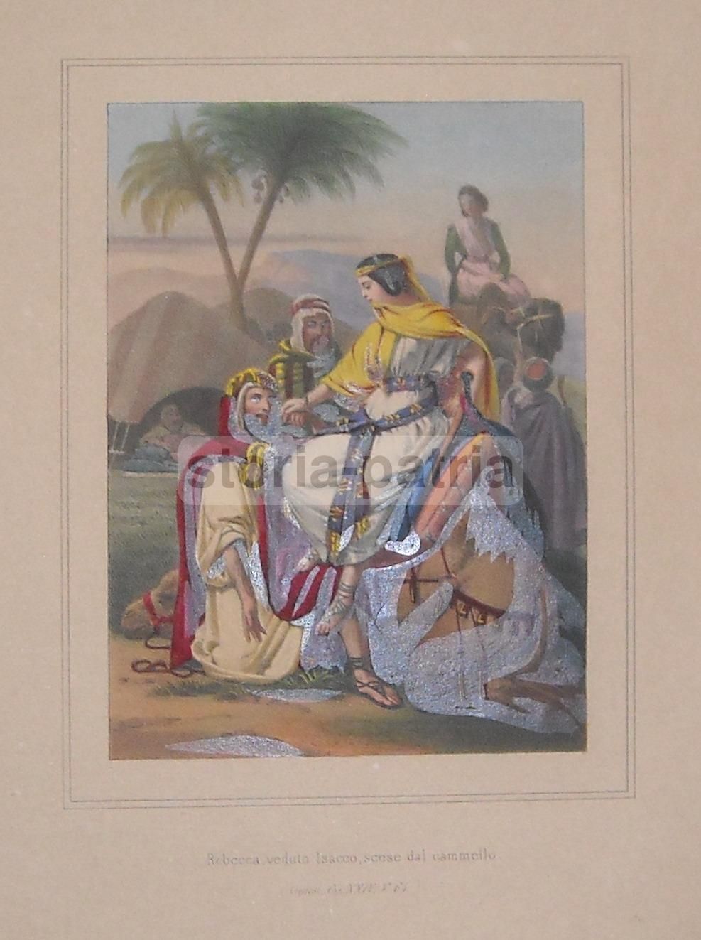 Litografia Antica Rebecca E Isacco, Scena Biblica Orientalista, 1850
