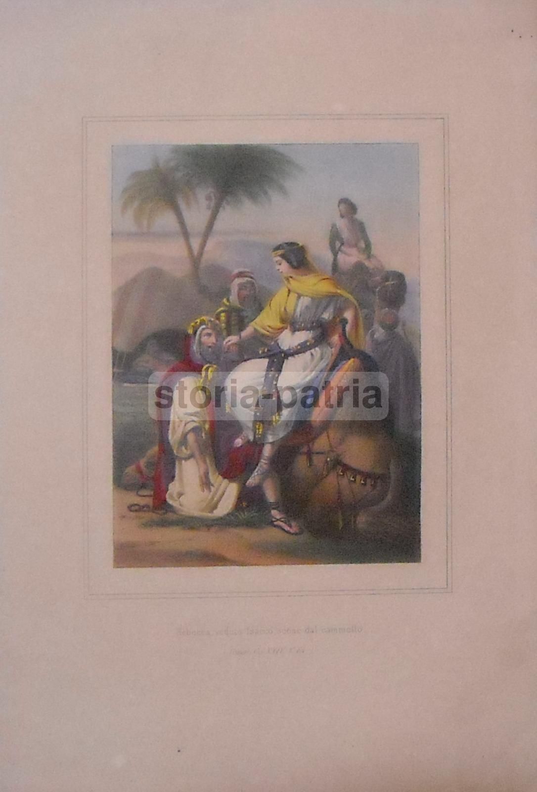 Litografia Antica Rebecca E Isacco, Scena Biblica Orientalista, 1850