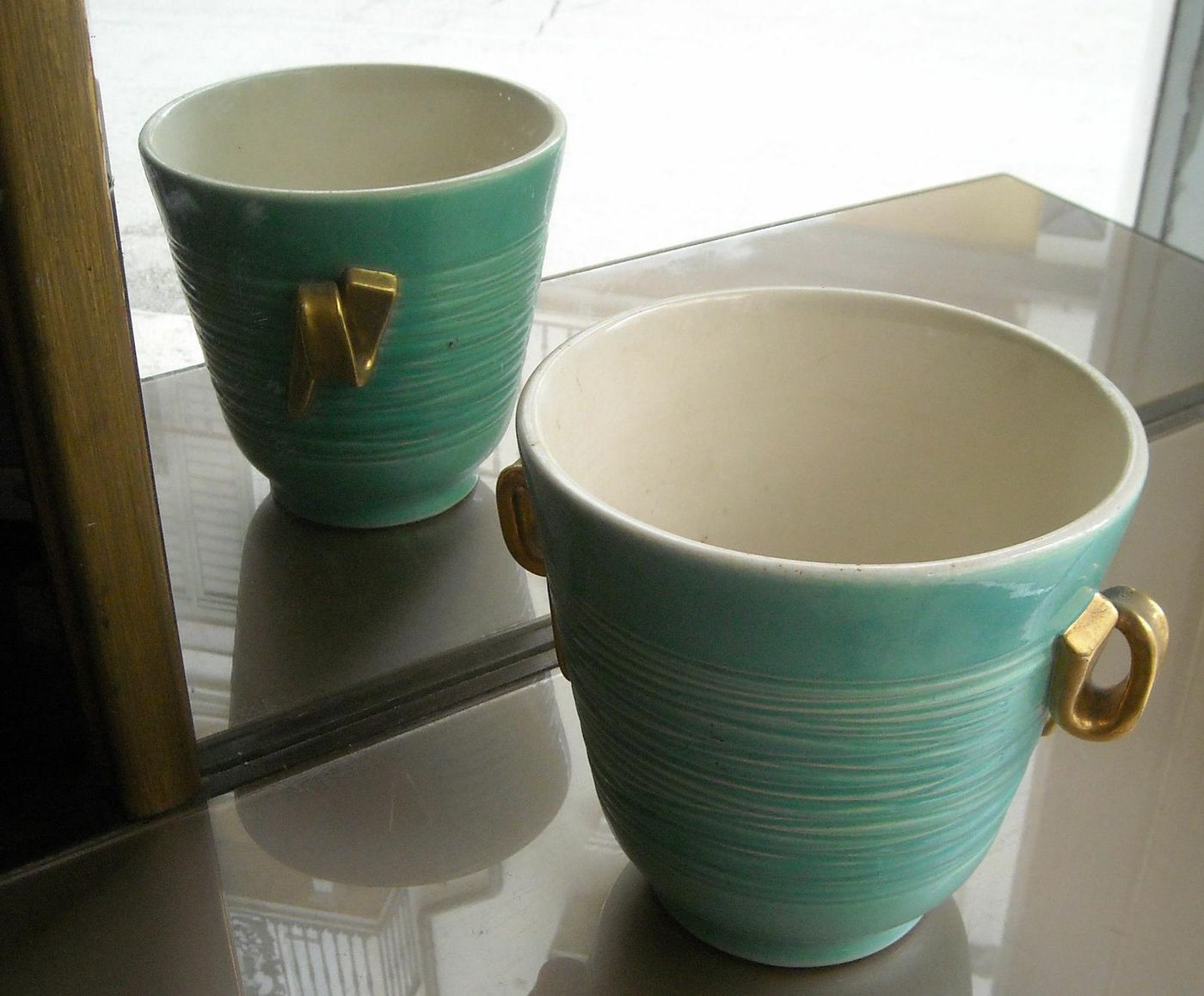 Vaso Cachepot In Ceramica Francese, Anni 1940 1960, Verde E Oro
