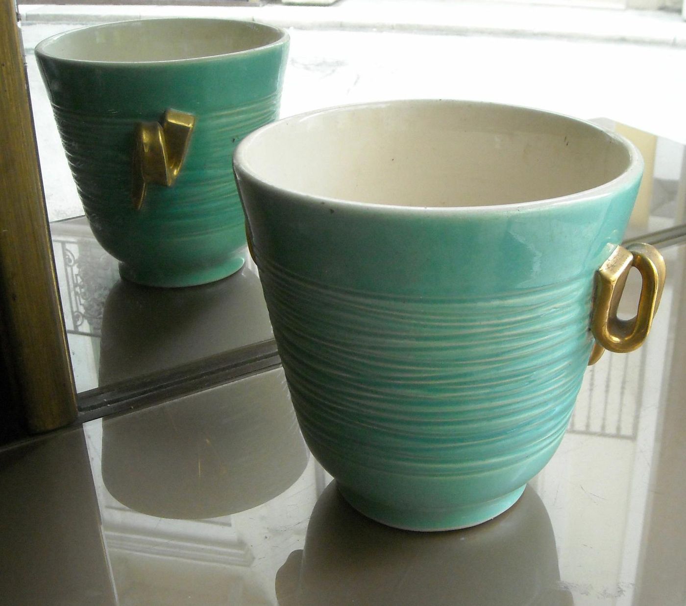 Vaso Cachepot In Ceramica Francese, Anni 1940 1960, Verde E Oro