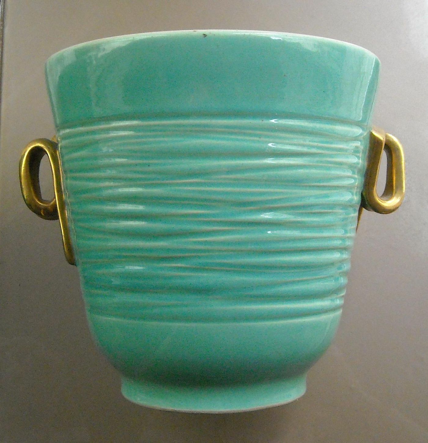 Vaso Cachepot In Ceramica Francese, Anni 1940 1960, Verde E Oro