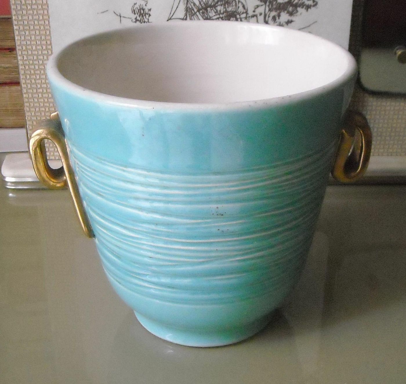 Vaso Cachepot In Ceramica Francese, Anni 1940 1960, Verde E Oro