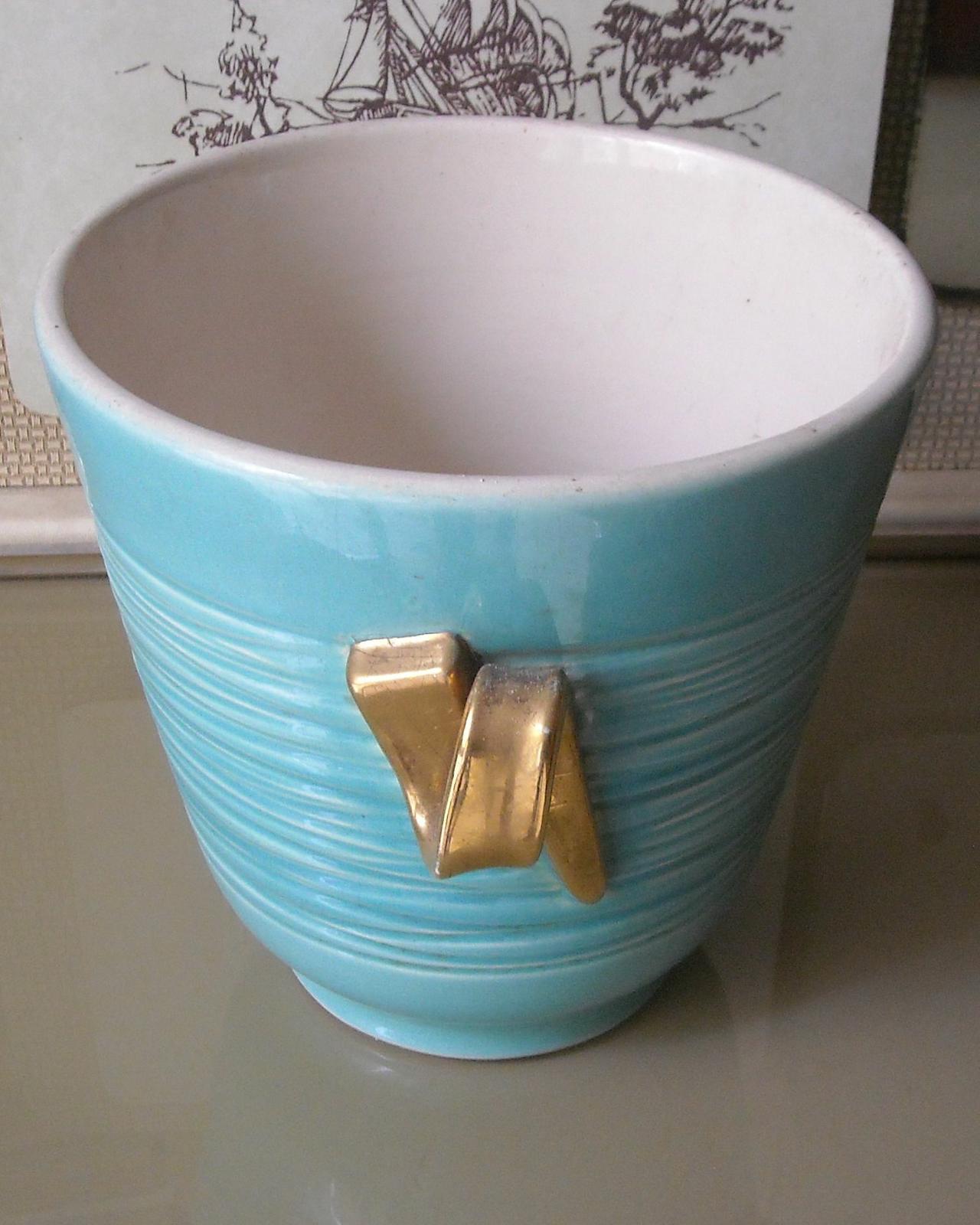 Vaso Cachepot In Ceramica Francese, Anni 1940 1960, Verde E Oro