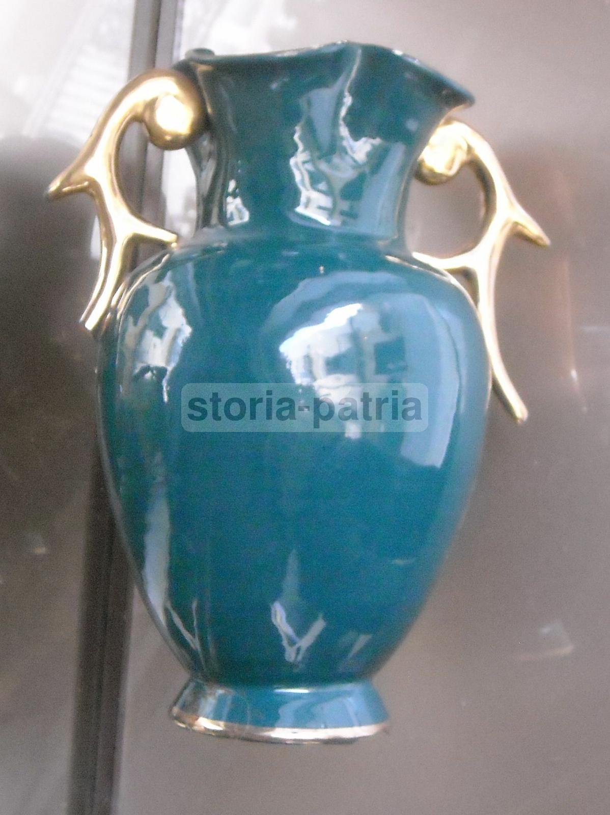Vaso Soprammobile In Ceramica Verde Con Decori Floreali Dorati, Anni '50