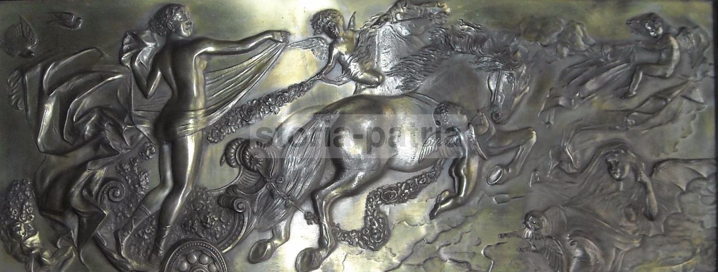 Pannello Allegorico Del Primo '900 Con Carro Di Cerere E Angeli In Metallo Argentato