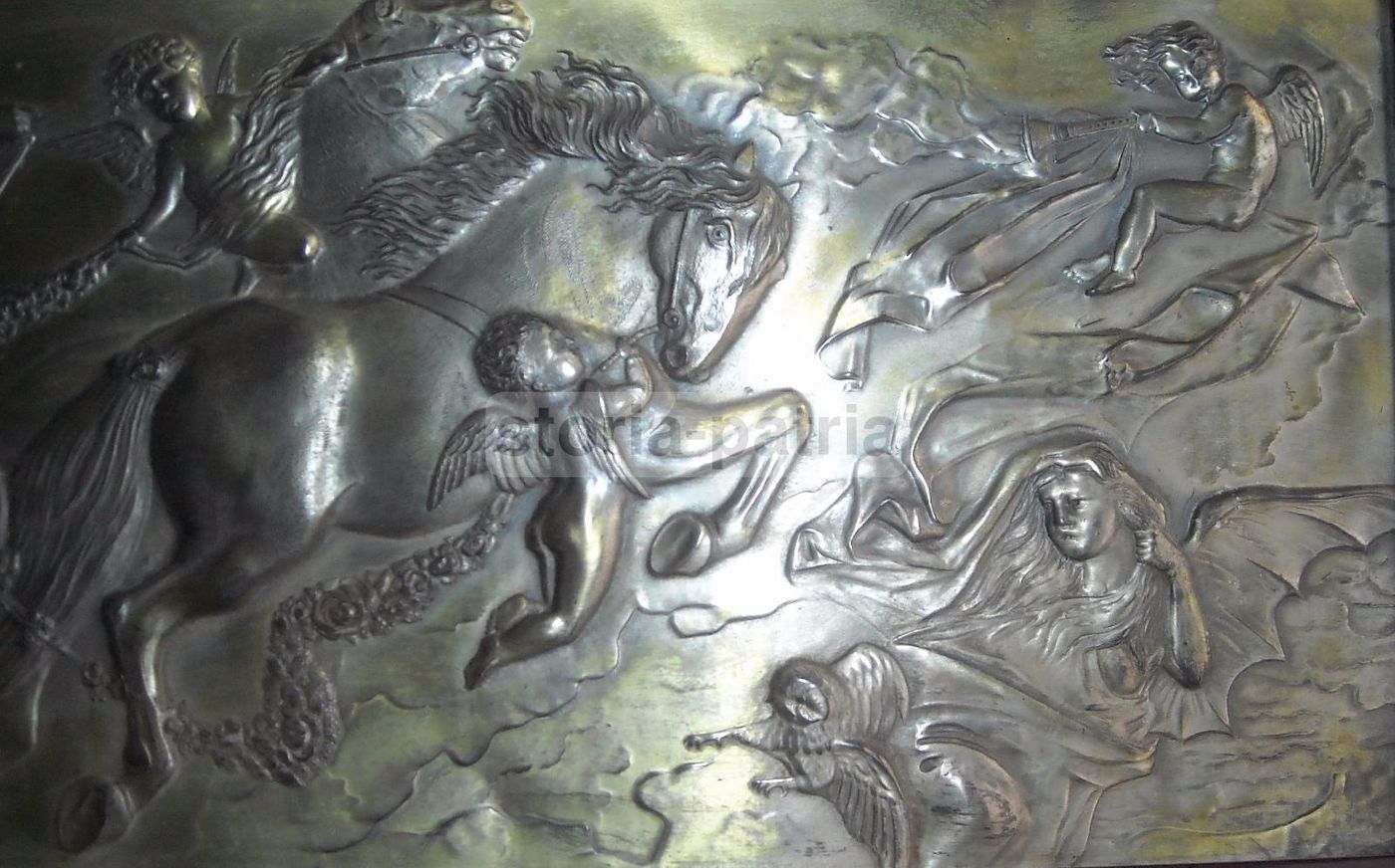 Pannello Allegorico Del Primo '900 Con Carro Di Cerere E Angeli In Metallo Argentato
