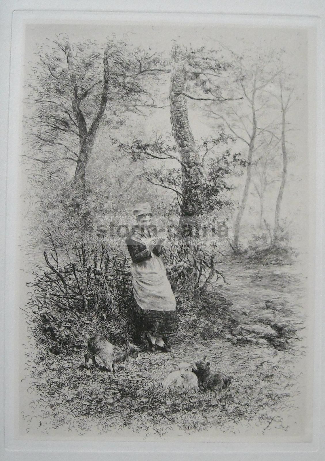Incisione Originale Edmond Adolphe Rudaux, Pastorella (scena Bucolica), Fine XIX Secolo