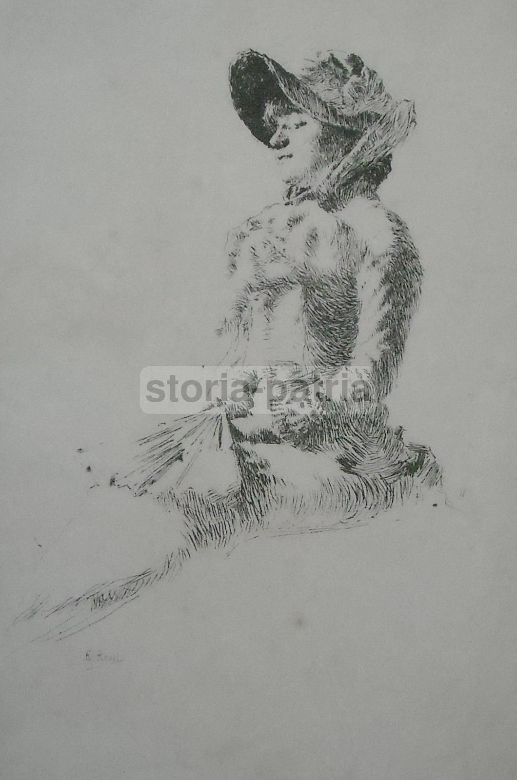 Stampa Antica E. Rossi, Figura Femminile Con Ventaglio, Fine '800