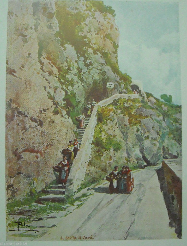 Stampa Antica Di Capri Con Popolane E Costumi Folkloristici, Paolo Sala, 1900 Circa