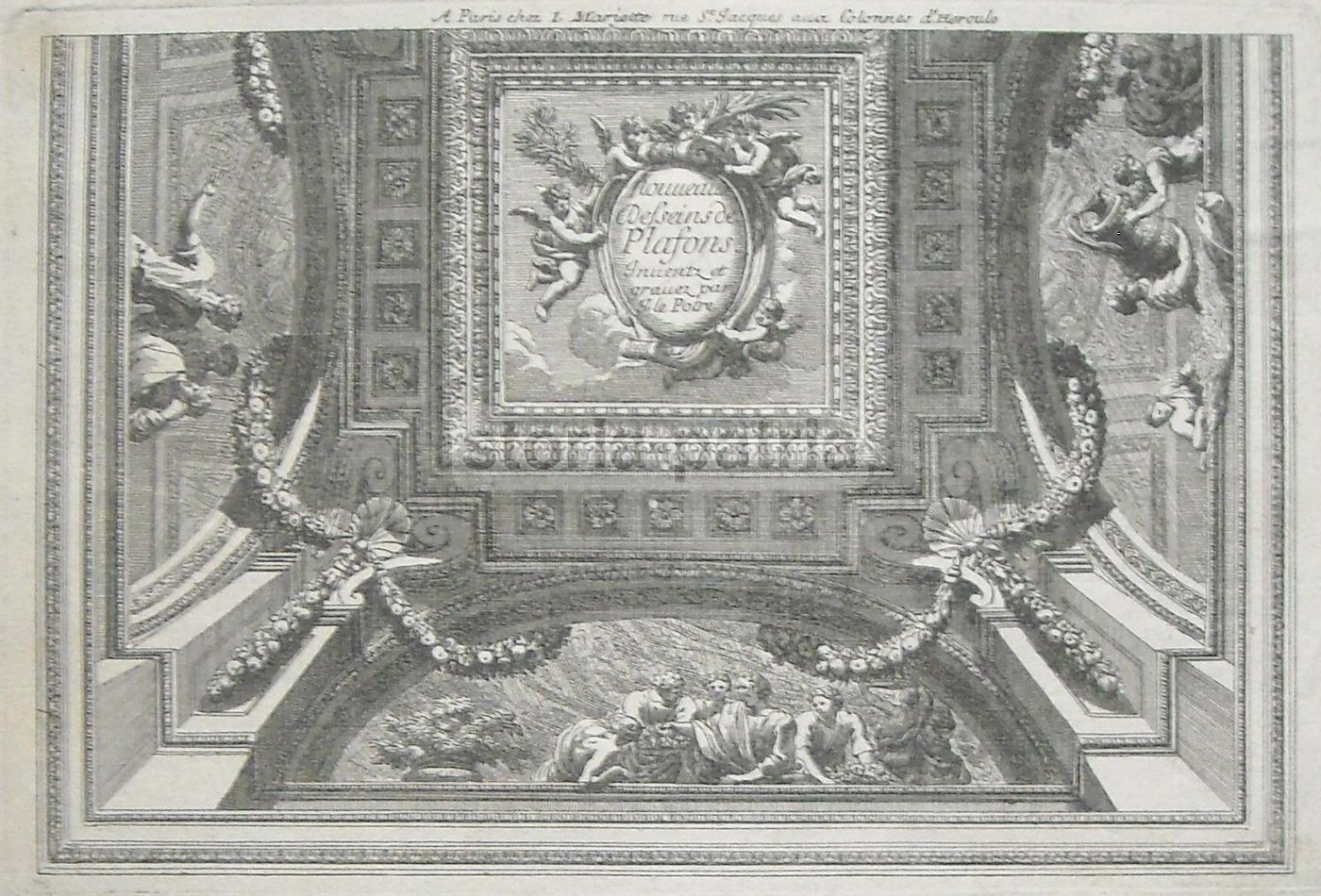 Incisione Antica Soffitto Decorato Jean Le Pautre Parigi 1700
