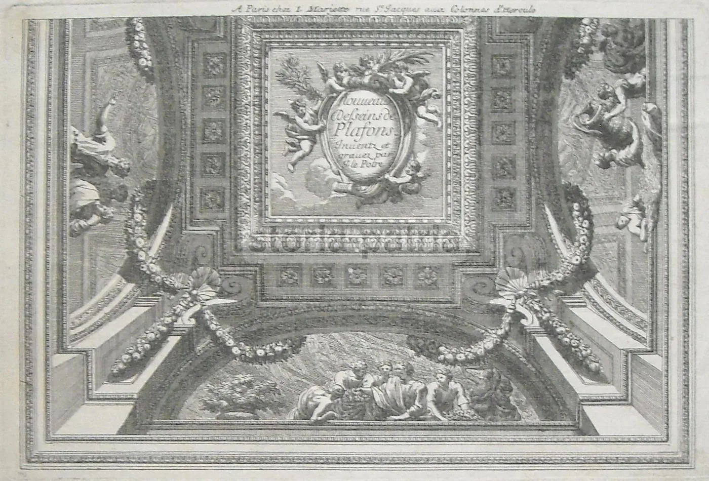 Incisione Antica Soffitto Decorato Jean le Pautre Parigi 1700