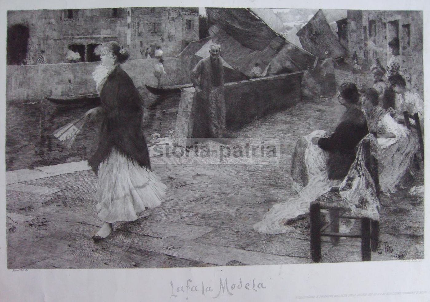 Incisione Antica Ettore Tito "La Fa La Modela" Venezia 1885 Acquaforte