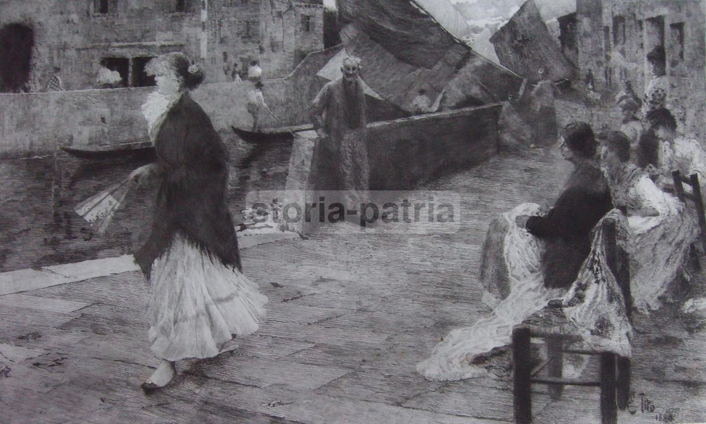 Incisione Antica Ettore Tito "La Fa La Modela" Venezia 1885 Acquaforte